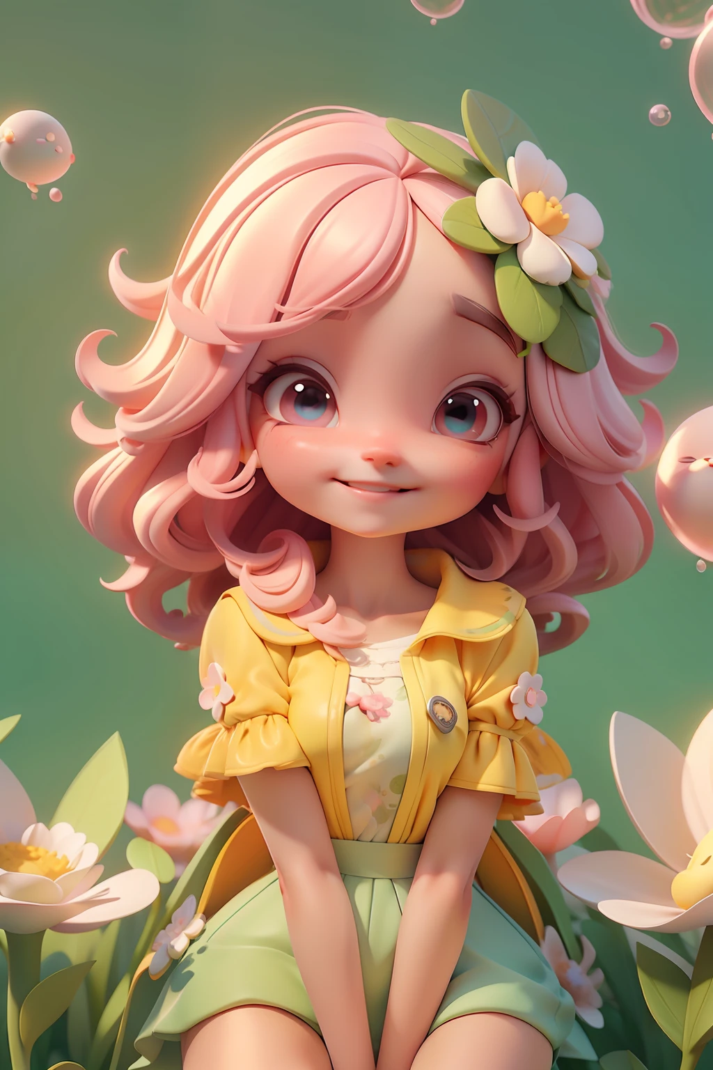 ,sorriso meigo e delicado,vestida com uma jardineira, corpo inteiro,pele clara e olhos claros,cartoon 3D com blusa delicada,, casaco peludinha, cabelos amarelo e rosa,Field full of trees and flowers, underwater bubbles,