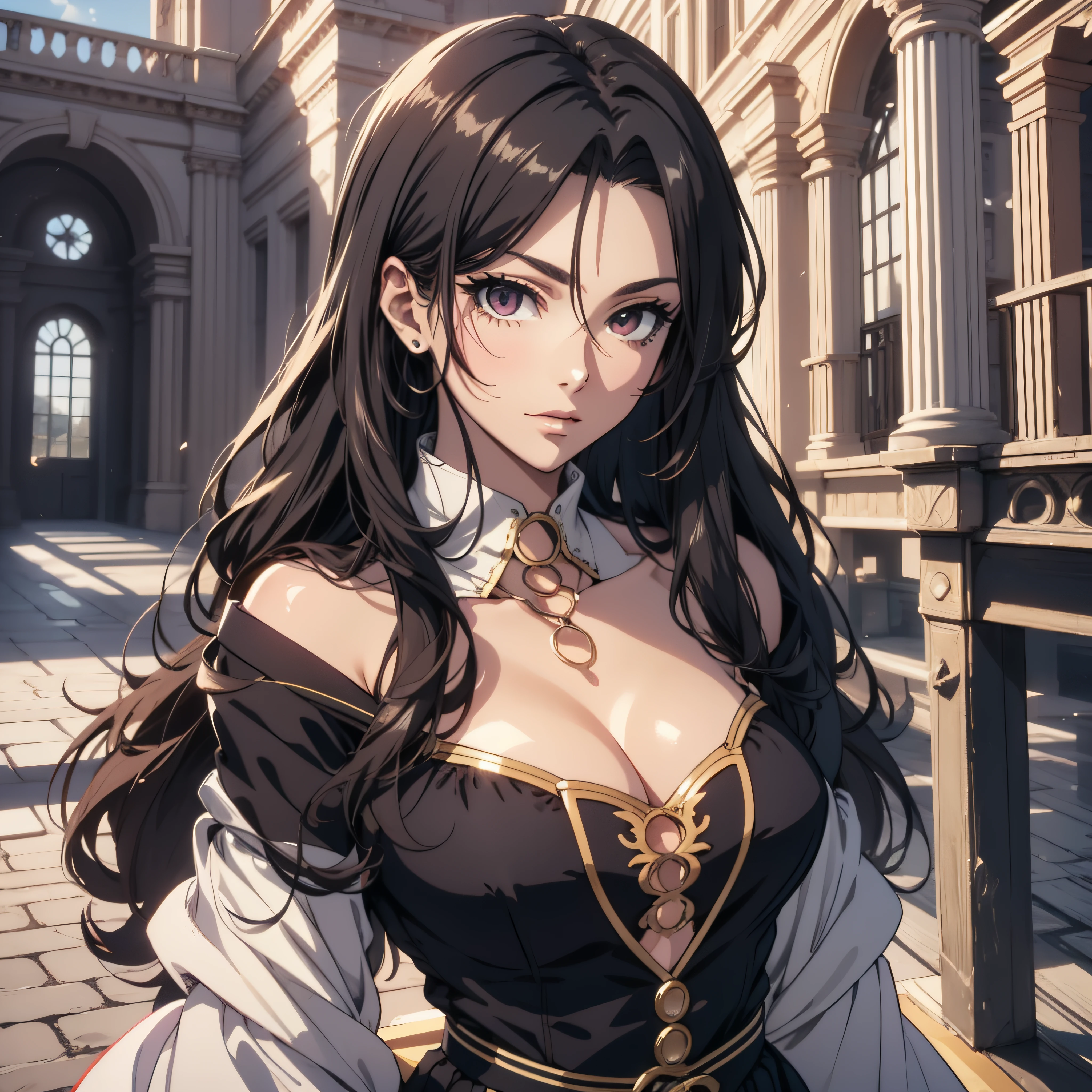 (cleavage, open top collar, medium breasts), (ultra-detailed, perfect pixel, highres, best quality), 20 years old Anime girl, smooth anime artstyle, long raven hair, slightly wavy hair, parted bangs, black hair, gradient hair color, Magus, red eyes, detailed eyes, beautiful eyes, natural lips, short black coat, white shirt, black skirt, aristocrat, noble attire, beautiful, ethereal, elegant, prestigious, royal building, royal atmosphere, classic, looking at viewer