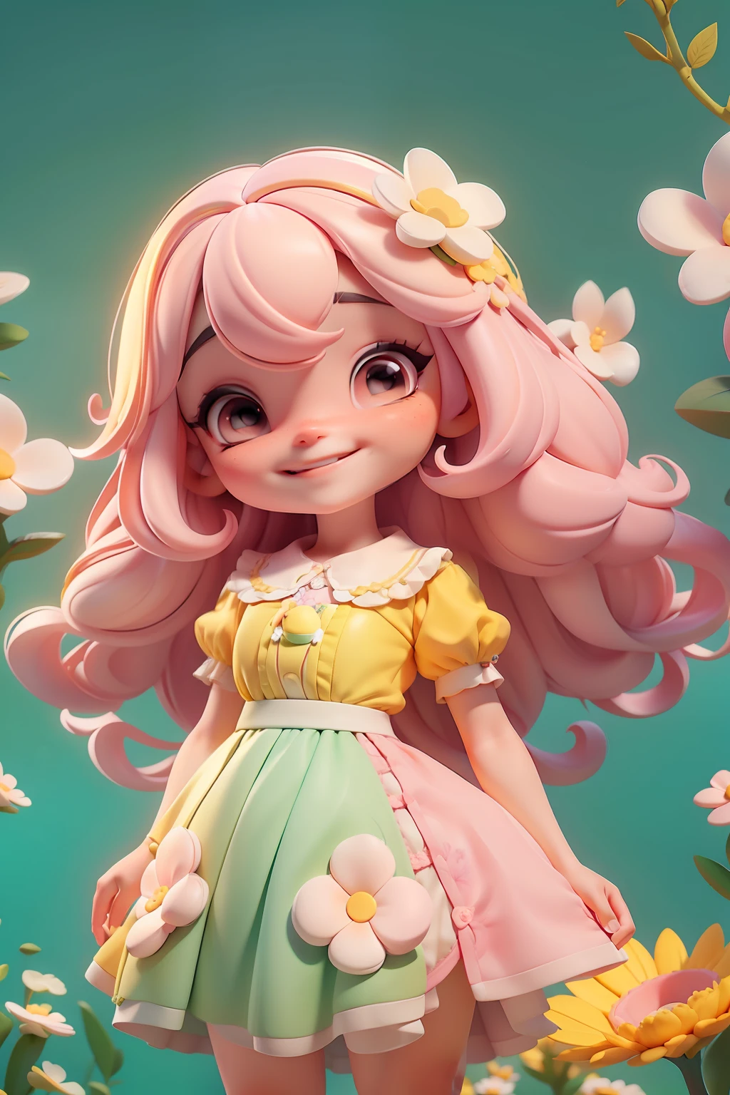 ,sorriso meigo e delicado,vestida com uma jardineira, corpo inteiro,pele clara e olhos claros,cartoon 3D com blusa delicada,, casaco peludinha, cabelos amarelo e rosa,Field full of trees and flowers, underwater bubbles,