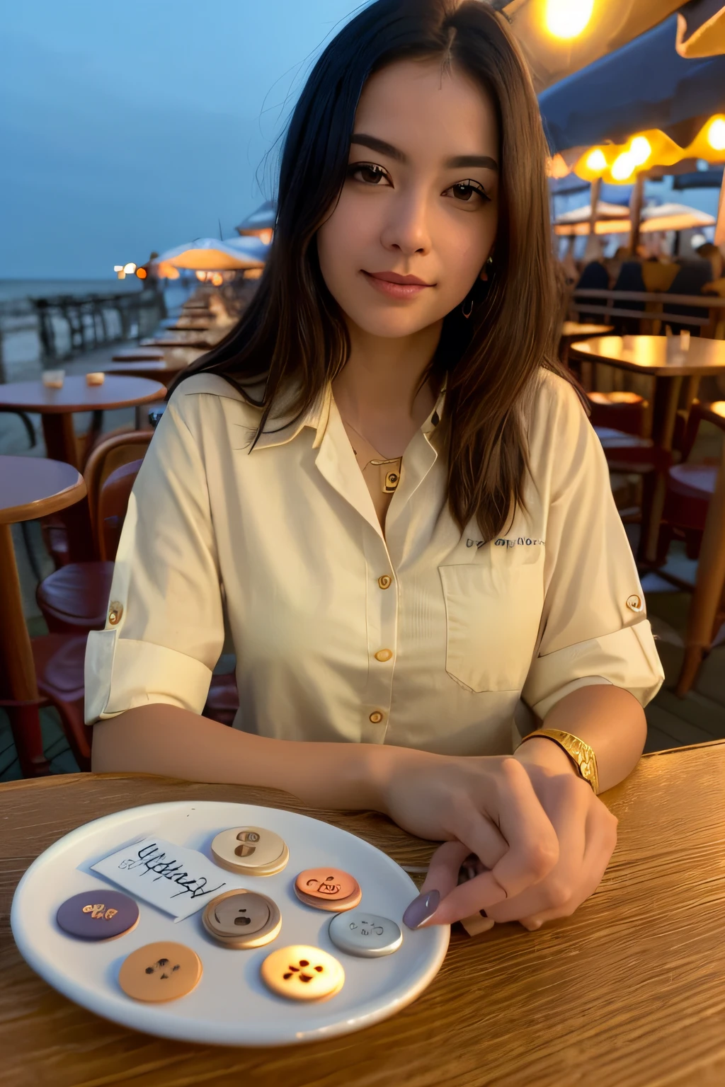 photo of (sh0hreh:0.99), a beautiful woman, closeup zoomed in tight crop portrait, sitting at a (table on a seaside boardwalk cafe bar drinks cocktails:1.2) wearing a (button shirt:1.3) (drinks on table:1.3) (Lighting-Gold:1.2) foreground objects background details (masterpiece:1.2) (photorealistic:1.2) (bokeh:1.2) (best quality) (color grading) (detailed skin:1.3) (intricate) (8k) (HDR) (cinematic lighting:1.3) (sharp focus)