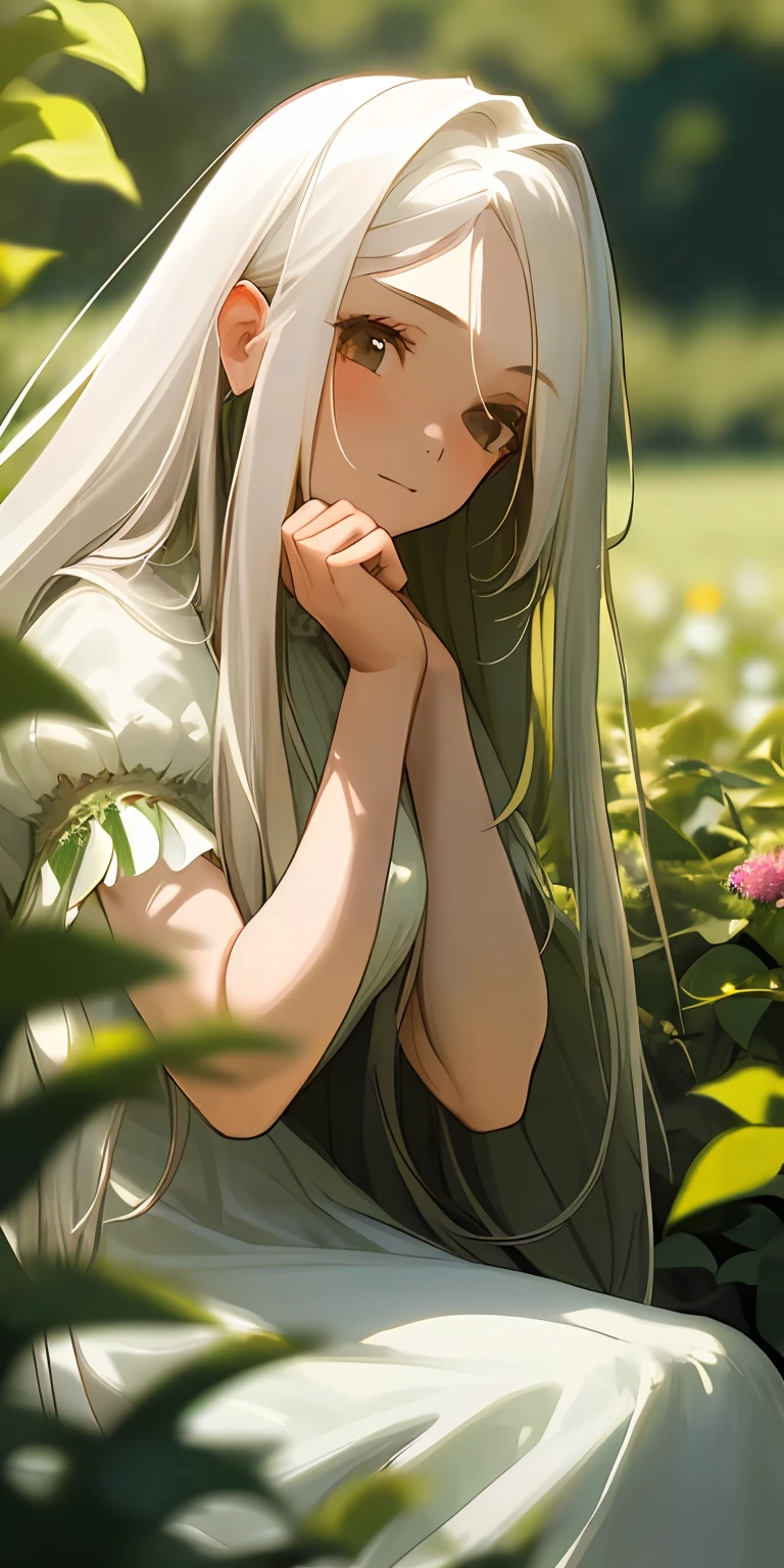 "(masterpiece, best quality),1girl with long white hair sitting in a field of green plants and flowers, her hand under her chin, warm lighting, white dress, blurry foreground"