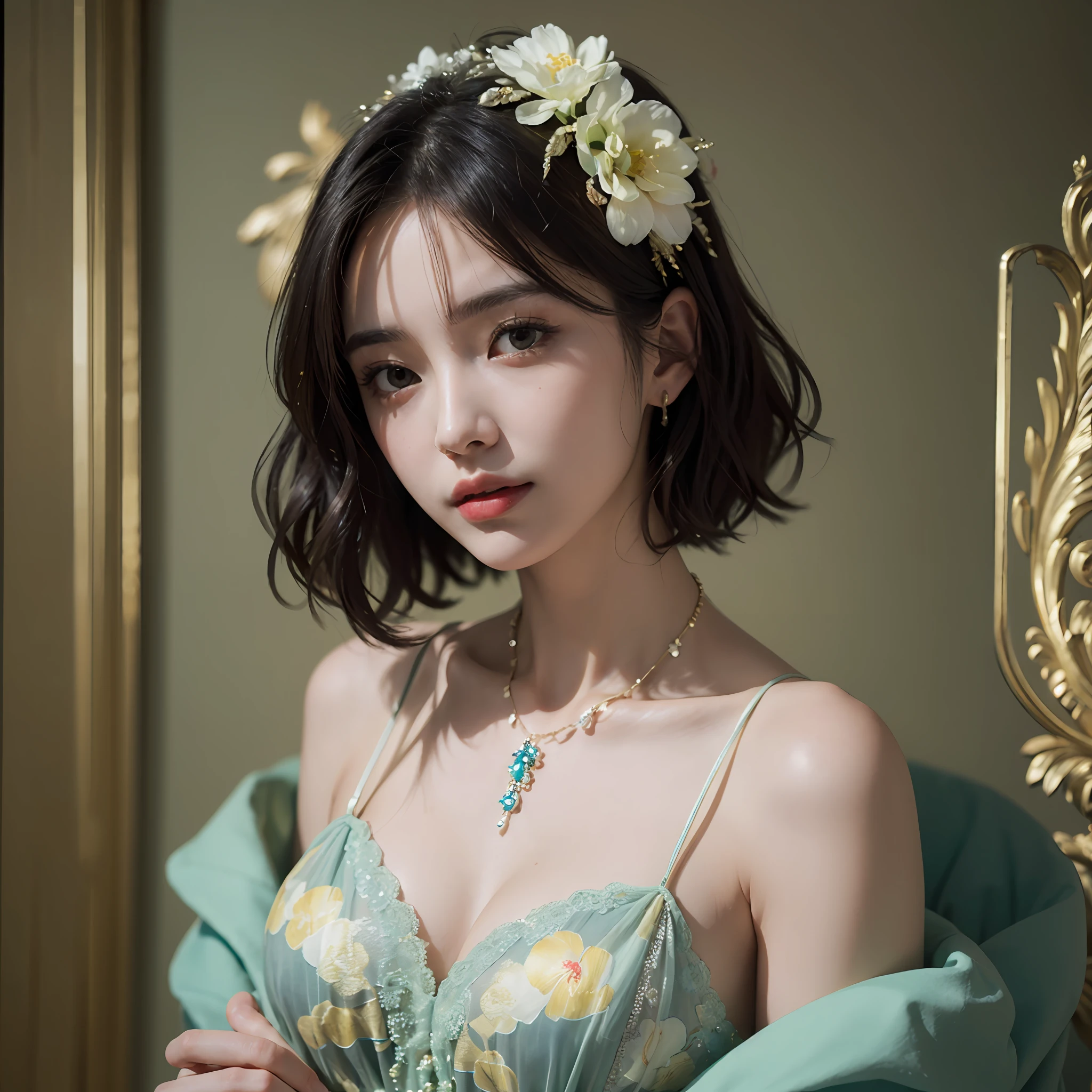 top-quality、masterpiece、超A high resolution、(Photorealsitic:1.5)、Raw foto、1girl in、murky、deep-shadows、Unobtrusive、cold light、sexy appearance、shorth hair、((very_short_hair))、((Luxury evening dresses))、((Luxurious painting))、((Luxurious necklace))、((Floral hair ornament))、((hair_ornament))