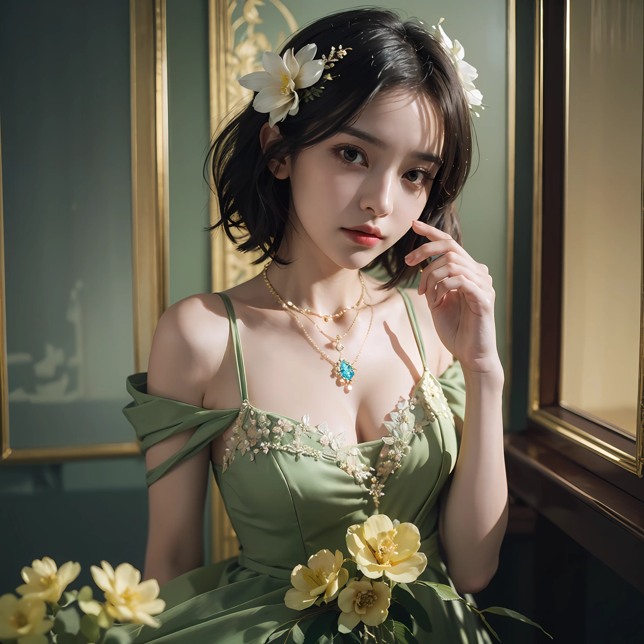 top-quality、​masterpiece、超A high resolution、(Photorealsitic:1.5)、Raw foto、1girl in、murky、deep-shadows、Unobtrusive、cold light、sexy appearance、shorth hair、((very_short_hair))、((Luxury evening dresses))、((Luxurious painting))、((Luxurious necklace))、((Floral hair ornament))、((hair_ornament))