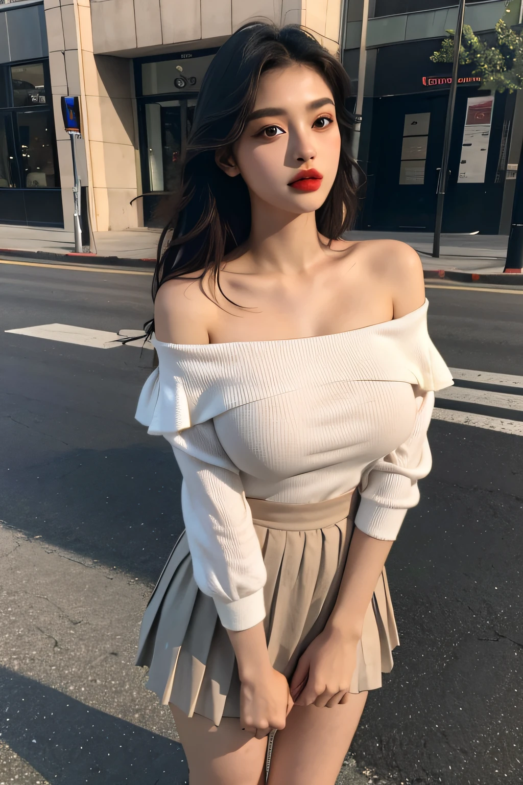 best quality, masterpiece, (photorealistic:1.4), 1girl, 18 years old, huge breasts, pleated short skirt, off-shoulder shirt, makeup, full lips, lipstick, downtown, looking at viewer