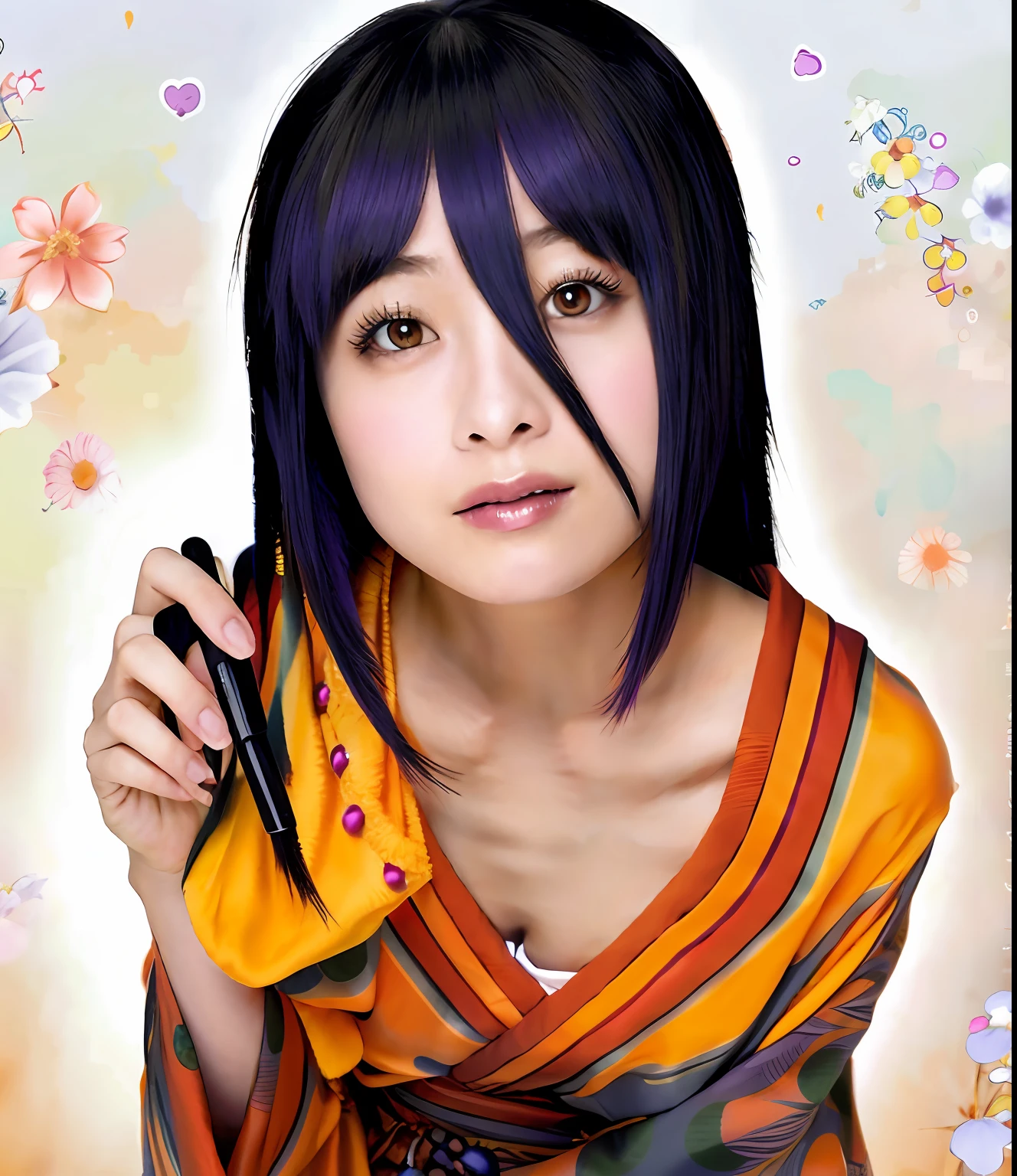 1girl, Hanabi hyuga, Orange kimono, long hair, purple hair, big boobs, realistic, ultra detail, 70mm lens,