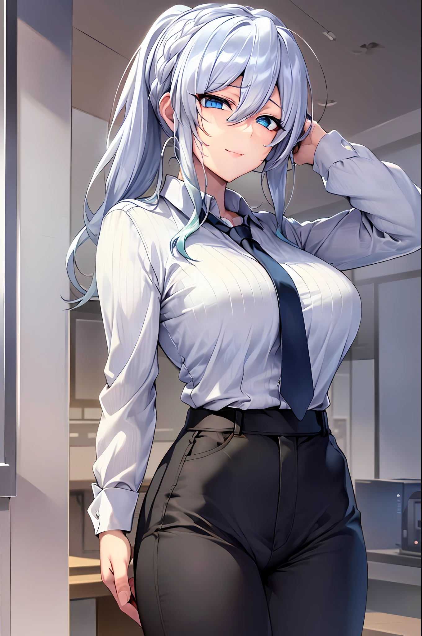 ((masterpiece)), (best quality), beautiful, extremely detailed face, perfect lighting,ultra-detailed,((expressionless)),((cold attitude)),((tsurime)),((tareme)),breasts,((Mature female)),((yukino, long hair, smile, bangs, (big breasts:1.2), braid, silver hair, braided ponytail, blue eyes, ringed eyes,
shirt, long sleeves, white shirt, necktie, collared shirt, pants, black pants, formal, suit, black necktie, shirt tucked in, office lady, full body