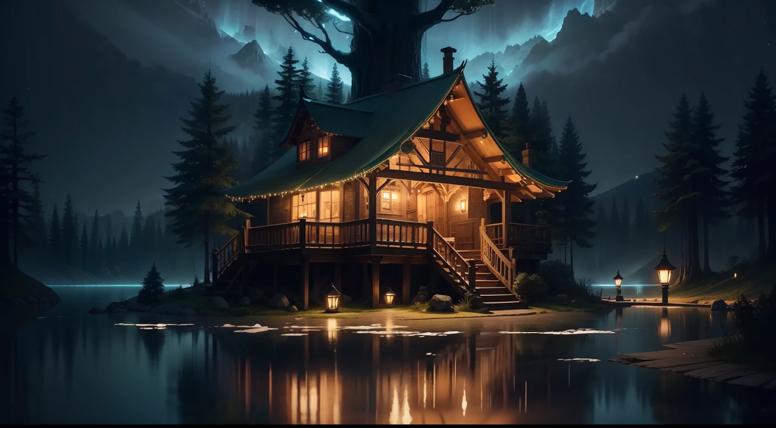 Treehouse at night beautiful magic lots of light lots of beauty night Clara lu lighting up a lake treehouse in the middle of the night of the lake beautiful magic at night I am realistic photo realistic best quality 4K 8k masterpiece a lot of beauty a lot of brightness a lot of clarity forest clearing tall trees around the lake treehouse in the middle of the lake a lot of beauty a lot of beauty light magic night very beautiful