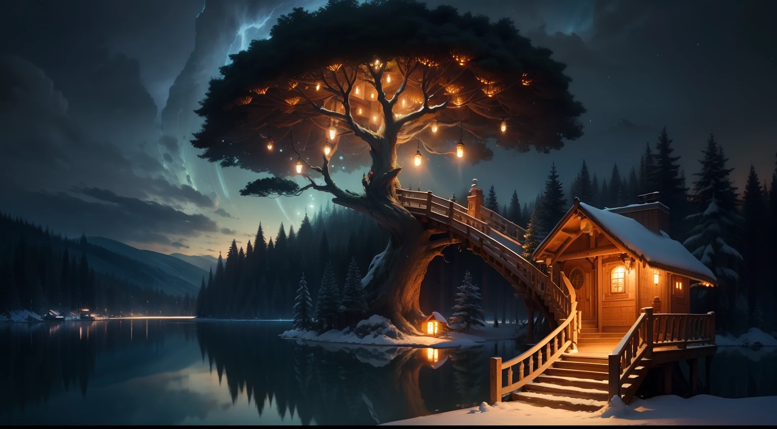 Treehouse at night beautiful magic lots of light lots of beauty night Clara lu lighting up a lake treehouse in the middle of the night of the lake beautiful magic at night I am realistic photo realistic best quality 4K 8k masterpiece a lot of beauty a lot of brightness a lot of clarity forest clearing tall trees around the lake treehouse in the middle of the lake a lot of beauty a lot of beauty light magic night very beautiful