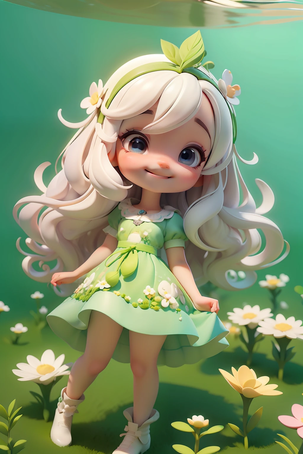 menina,sorriso meigo e delicado,vestida com uma jardineira, corpo inteiro,pele clara e olhos claros,cartoon 3D com blusa delicada,, casaco peludinha, cabelos castanhos, Field full of trees and flowers, underwater bubbles,