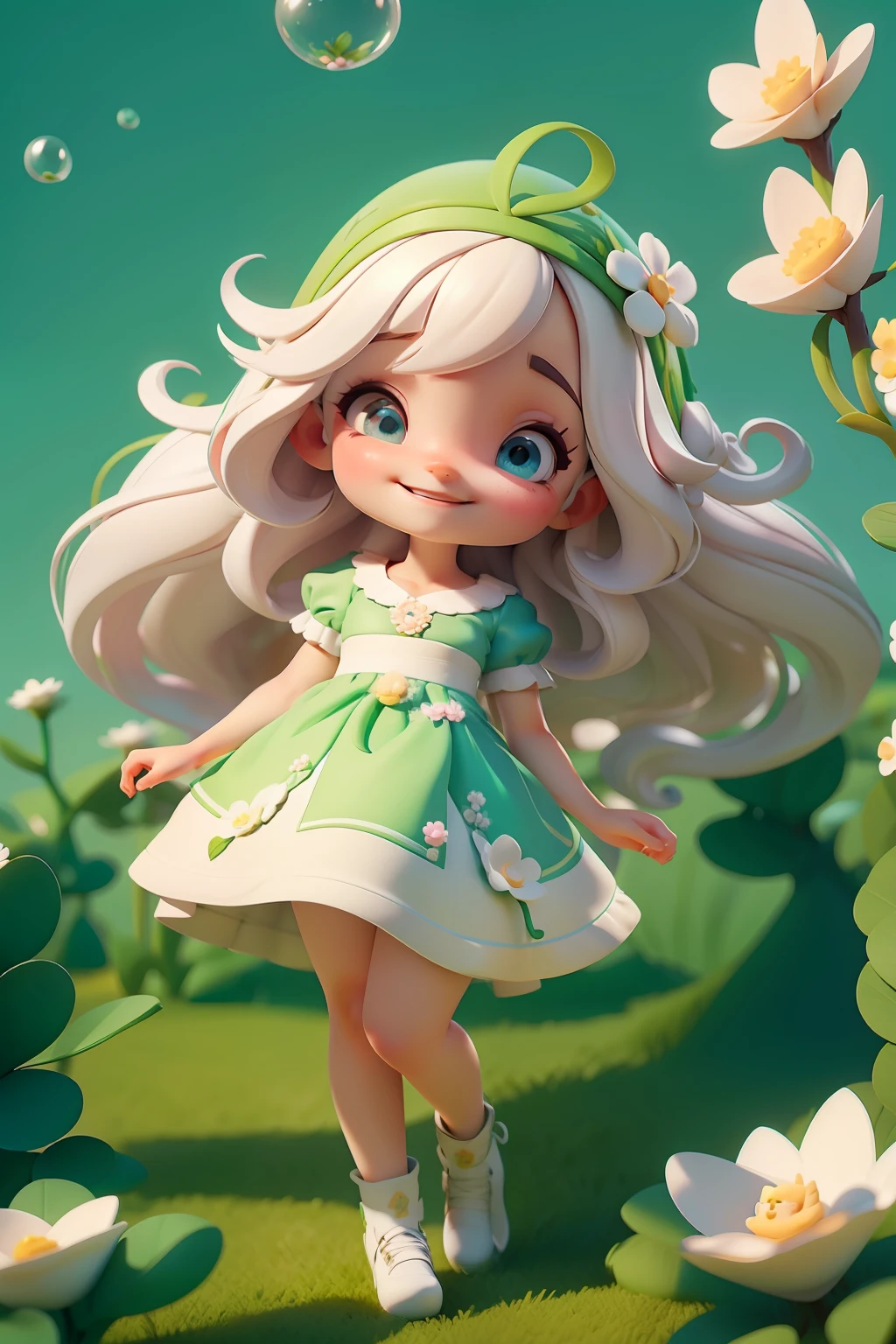 ,sorriso meigo e delicado,vestida com uma jardineira, corpo inteiro,pele clara e olhos claros,cartoon 3D com blusa delicada,, casaco peludinha, cabelos castanhos, Field full of trees and flowers, underwater bubbles,