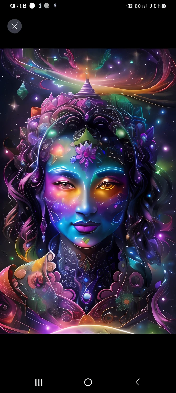 a close up of a woman with a head full of colorful lights, portrait of a cosmic goddess, cosmic goddess, psychedelic goddess, dmt goddess, a stunning portrait of a goddess, goddess of space and time, goddess portrait, goddess of galaxies, psytrance artwork, goddess close-up portrait, portrait of a beautiful goddess, goddess art, visionary art style