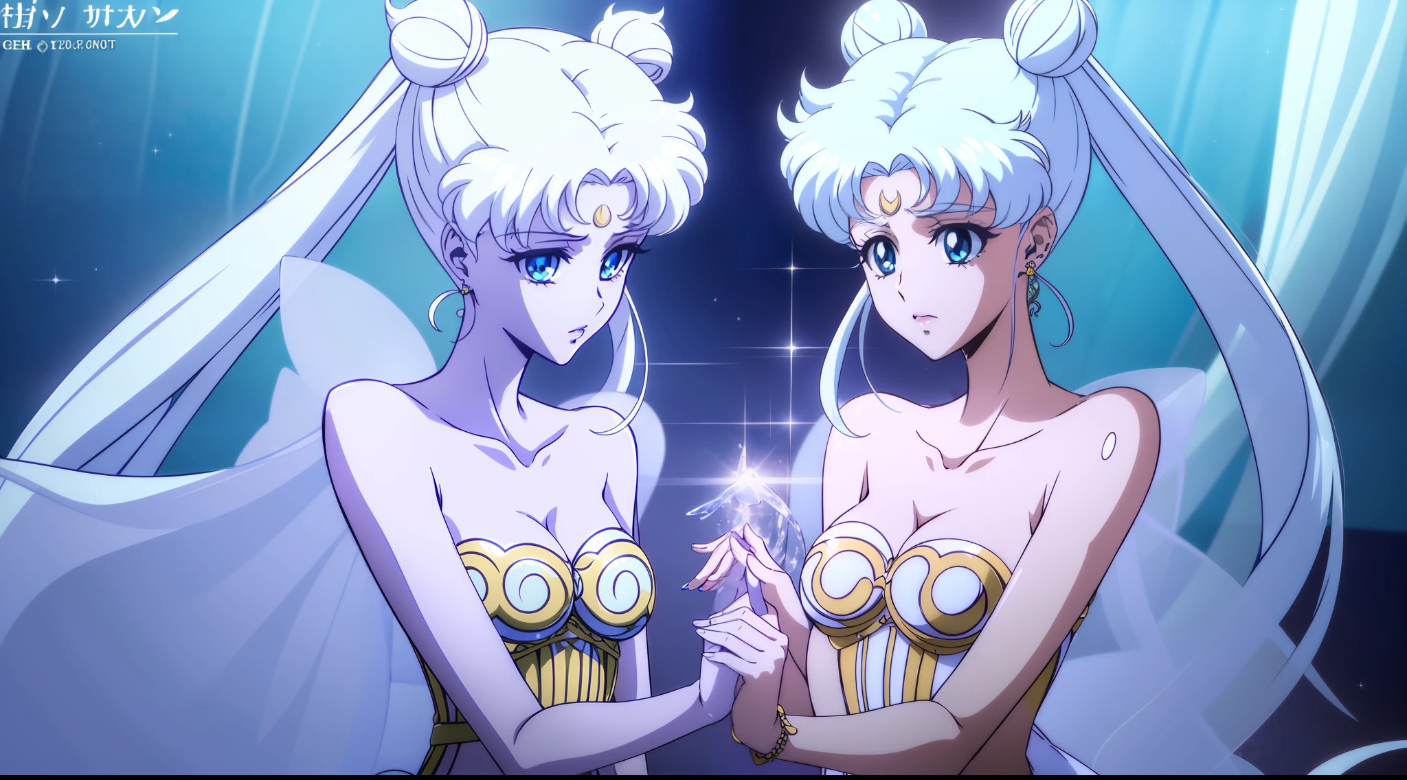 NSFW, ((beste-Qualit, 8K, tmasterpiece :1.3)), dramatic lighting, pretty woman, 1 girl, Sailor Moon, Detailed large eyes, tmasterpiece, breath taking, Viewer, Full growth in the frame, Long white hair, gray hairs, Two bundles on the head, pale skin, Odango hairstyle, Careful, ah high, Real water, White transparent wet lace lingerie, thongs, translucent open clothing, Wet, crystal clear water, The water is flowing, beautiful big breasts, sexypose, sexy expression, glossy skin, A crystal palace is visible in the background, Palace of Crystals, Crystals and crystal in the air and around the character, Beautiful flowers, Crystals glow