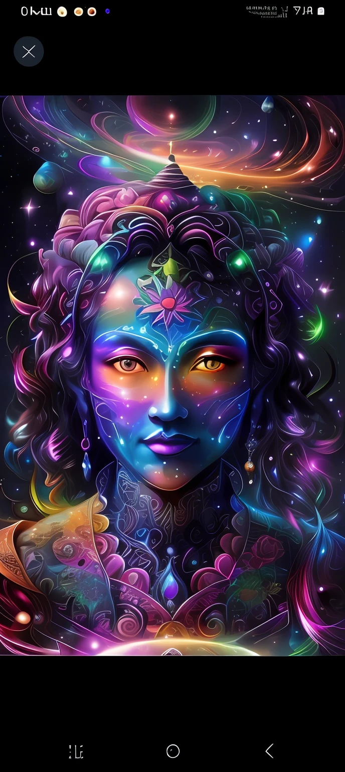 a close up of a woman with a head full of colorful lights, portrait of a cosmic goddess, cosmic goddess, psychedelic goddess, dmt goddess, a stunning portrait of a goddess, goddess of space and time, goddess portrait, goddess of galaxies, psytrance artwork, goddess close-up portrait, portrait of a beautiful goddess, goddess art, visionary art style