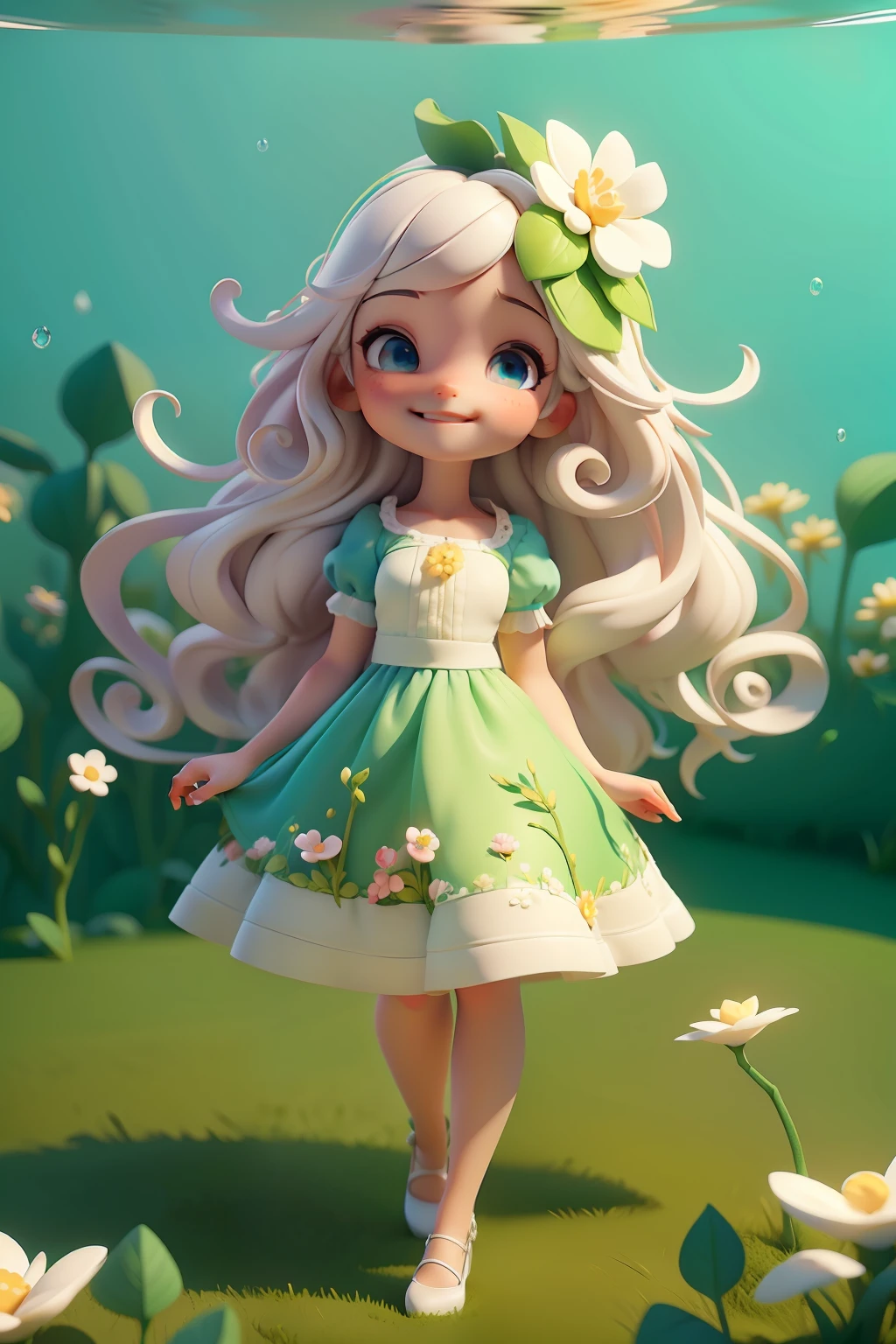 menina,sorriso meigo e delicado,vestida com uma jardineira, corpo inteiro,pele clara e olhos claros,cartoon 3D com blusa delicada,, casaco peludinha, cabelos castanhos, Field full of trees and flowers, underwater bubbles,