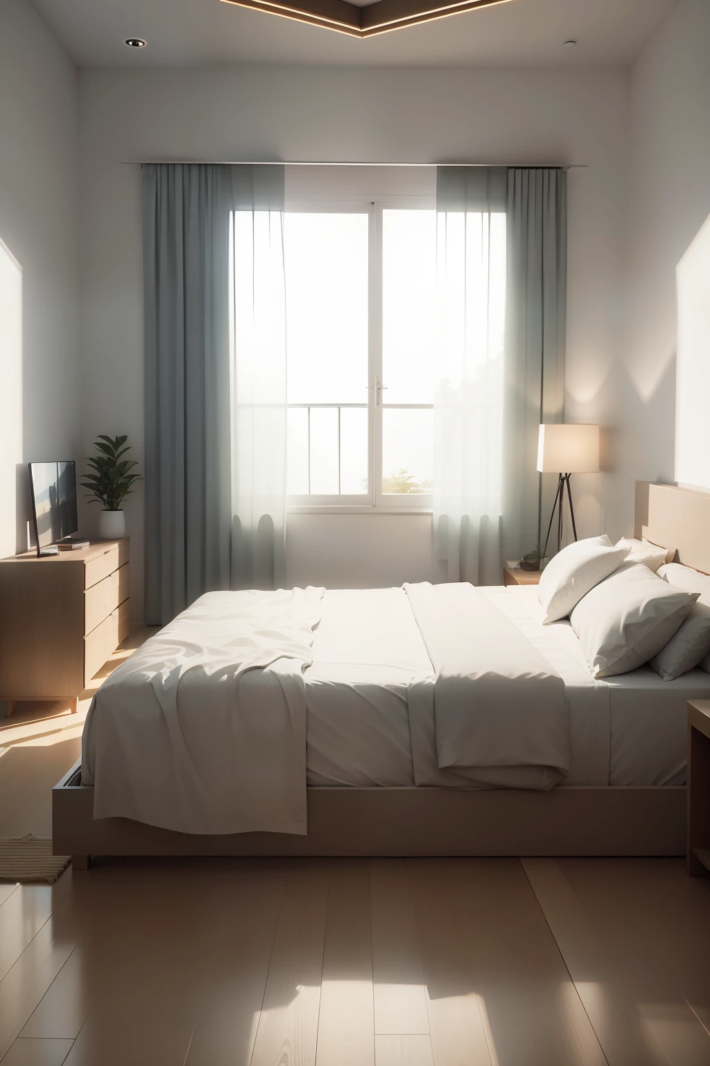 There is a bed with a white duvet and a chair in one bedroom, luz natural no quarto, ambiente sereno do quarto, award winning render, detalhes em madeira, quarto de cama japones, interior do quarto, bright render, quarto, Archviz, high-quality render, stunning render, com pano de fundo de luz natural, minimalista e bonito, Rendering Vray 8K Japanese room