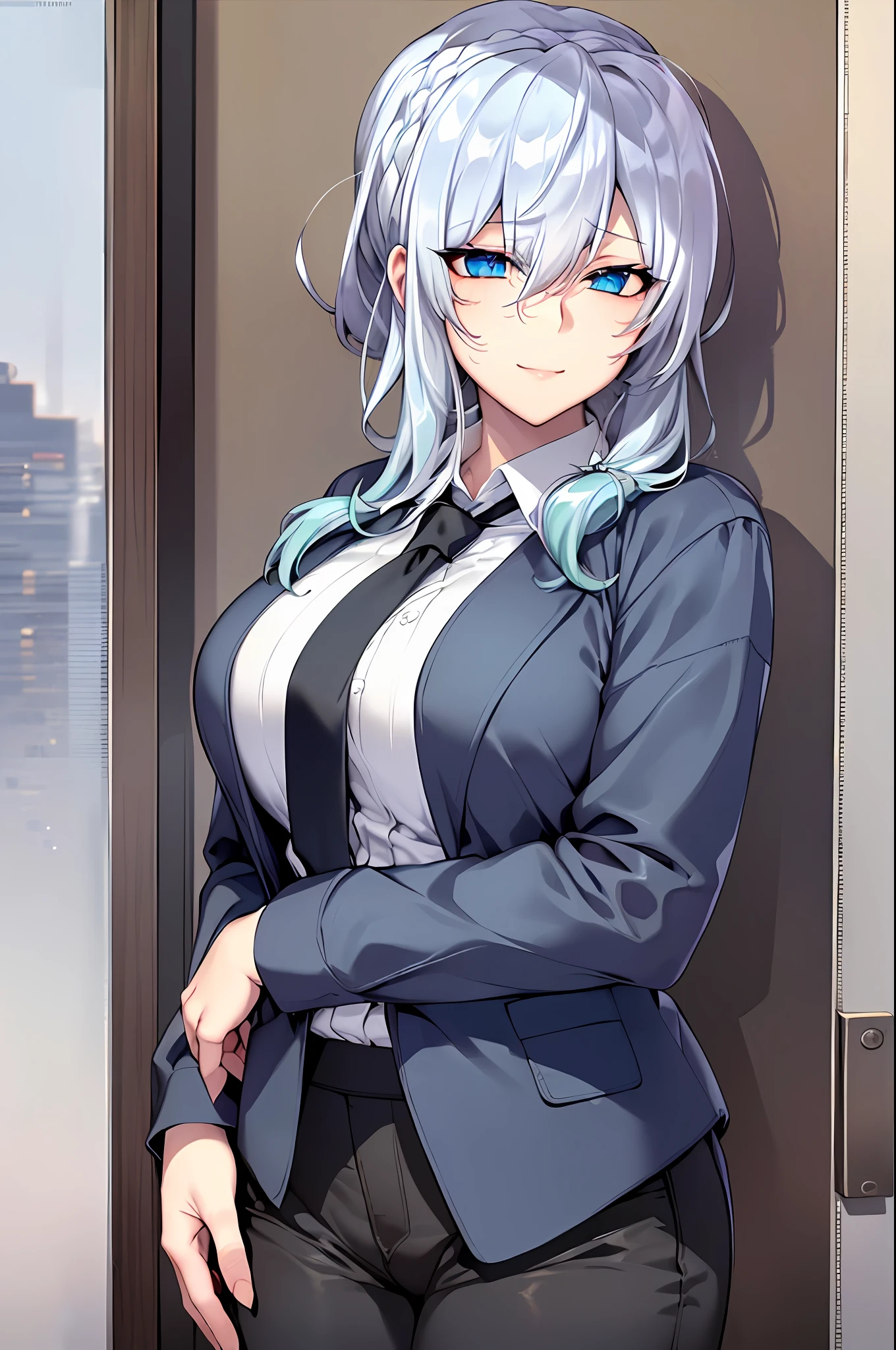 ((masterpiece)), (best quality), beautiful, extremely detailed face, perfect lighting,ultra-detailed,((expressionless)),((cold attitude)),((tsurime)),((tareme)),breasts,((Mature female)),((yukino, long hair, smile, bangs, (big breasts:1.2), braid, silver hair, braided ponytail, blue eyes, ringed eyes,
shirt, long sleeves, white shirt, necktie, collared shirt, pants, black pants, formal, suit, black necktie, shirt tucked in, office lady, full body