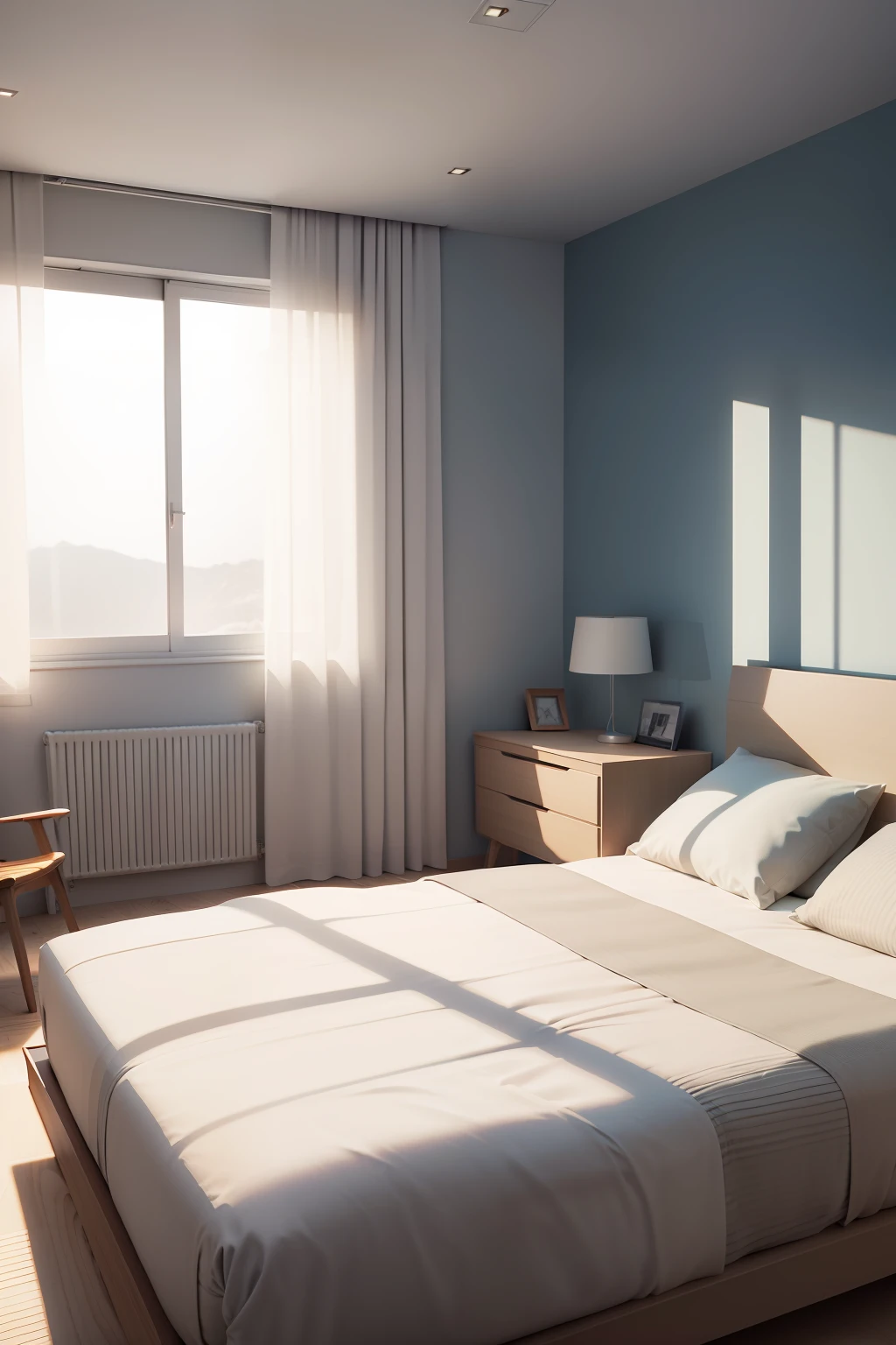 There is a bed with a white duvet and a chair in one bedroom, luz natural no quarto, ambiente sereno do quarto, award winning render, detalhes em madeira, quarto de cama japones, interior do quarto, bright render, quarto, Archviz, high-quality render, stunning render, com pano de fundo de luz natural, minimalista e bonito, Rendering Vray 8K Japanese room