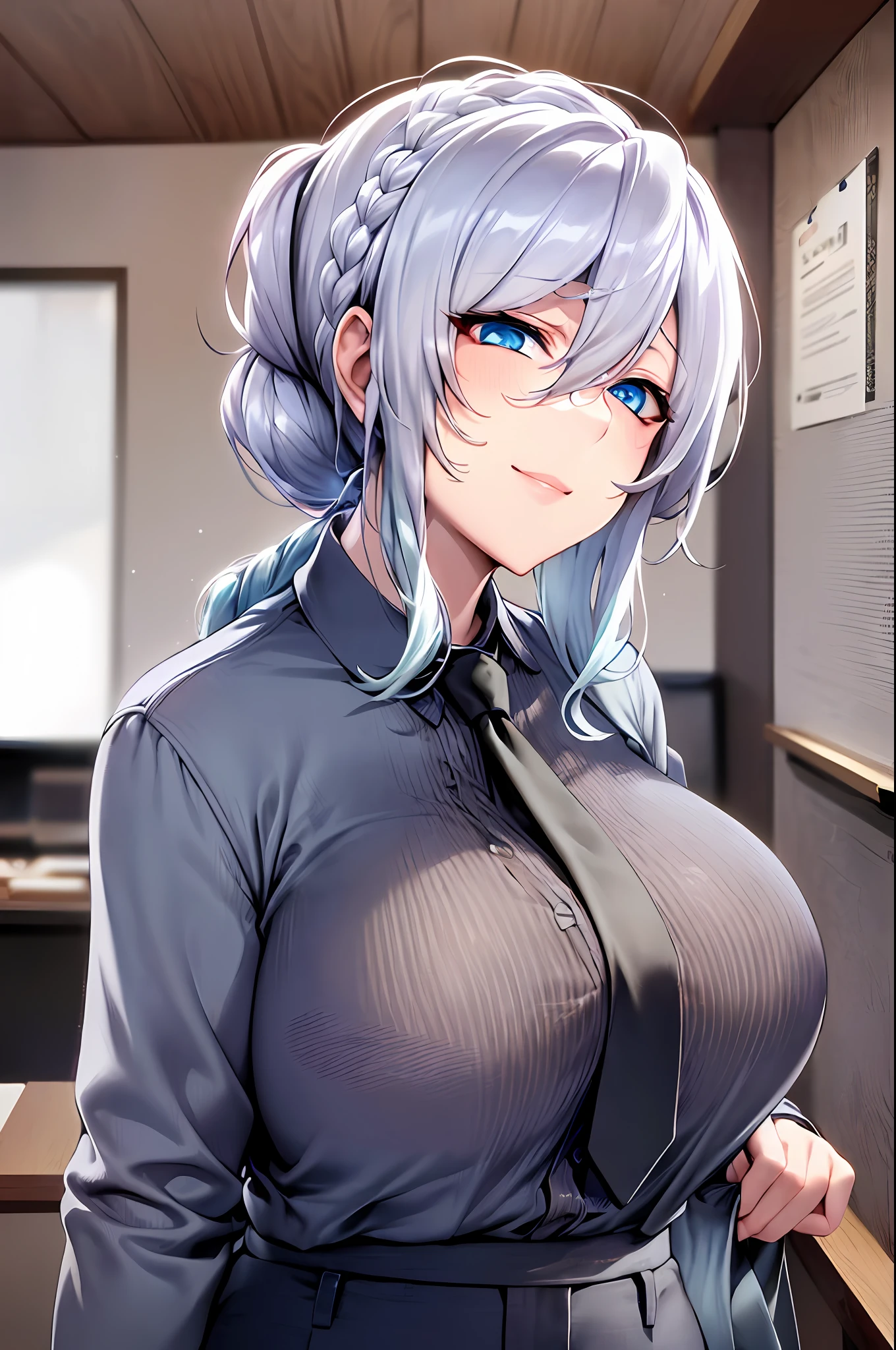 ((masterpiece)), (best quality), beautiful, extremely detailed face, perfect lighting,ultra-detailed,((expressionless)),((cold attitude)),((tsurime)),((tareme)),breasts,((Mature female)),((yukino, long hair, smile, bangs, (big breasts:1.2), braid, silver hair, braided ponytail, blue eyes, ringed eyes,
shirt, long sleeves, white shirt, necktie, collared shirt, pants, black pants, formal, suit, black necktie, shirt tucked in, office lady, full body