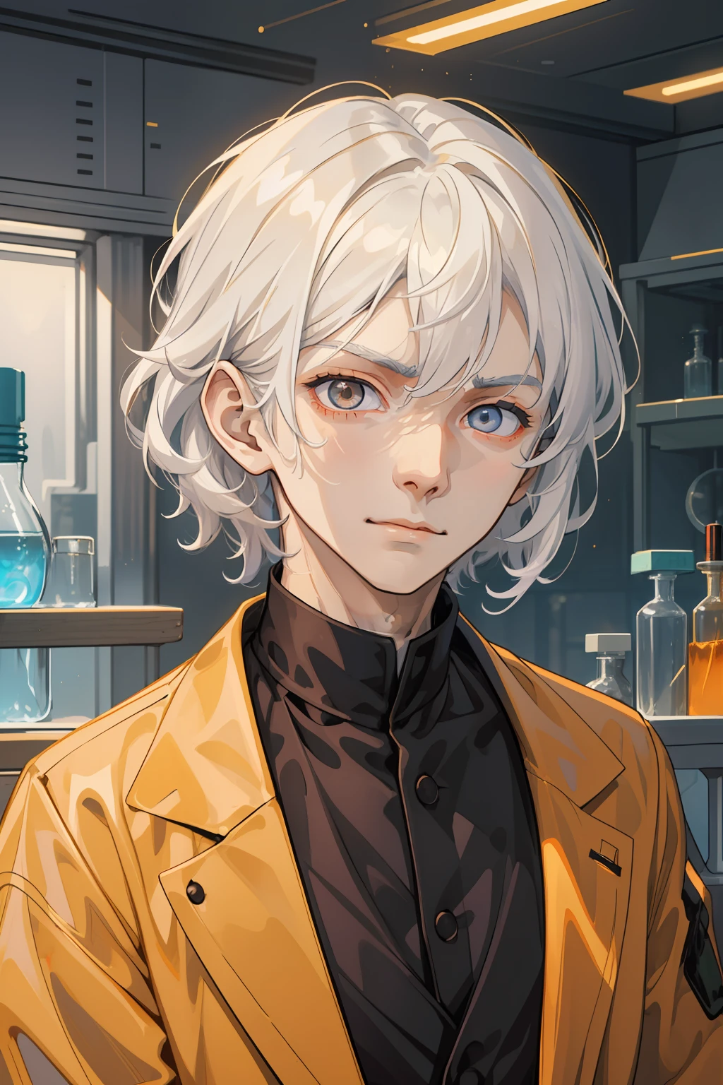 Young guy, Thin body, scientist. white colored hair, Average length, tousled hair. Amber-colored eyes. The golden glow of the eyes. pale skin, Skin like a dead man's. sharp facial features, Without bristles. pronounced cheekbones. Conducts experiments in the laboratory. Dark fentezi. Detailed background, Detailed image, Detail Eyes. empty look. mockery. smirk. flasks. experiment. Scientist's clothes.