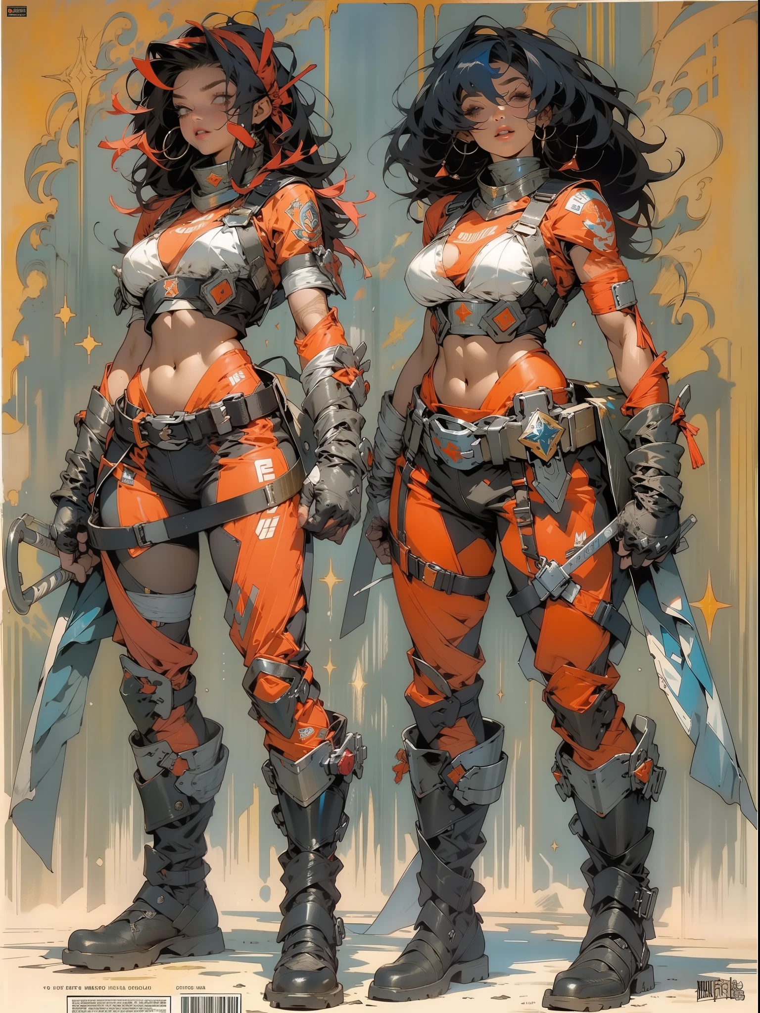 (((mulher))), (((melhor qualidade))), (((obra prima))), (((adulta))), Uma guerreira mulher de 35 anos com corpo perfeito, Brooklyn Gladiators, hand with steel gloves and metal tips, (( under boobs )), quase nua no estilo selvagem urbano de Simon Bisley para a capa da revista Heavy Metal, cabelo loiro, Minimum clothing, armadura (azul escuro com estrelas brancas e vermelho com listras brancas), cheio de pontas e rebites manchadas de tinta, tatuagem de estrelas de 5 pontas, (((corpo inteiro))), cabelo preto curto com franja branca cobrindo a testa