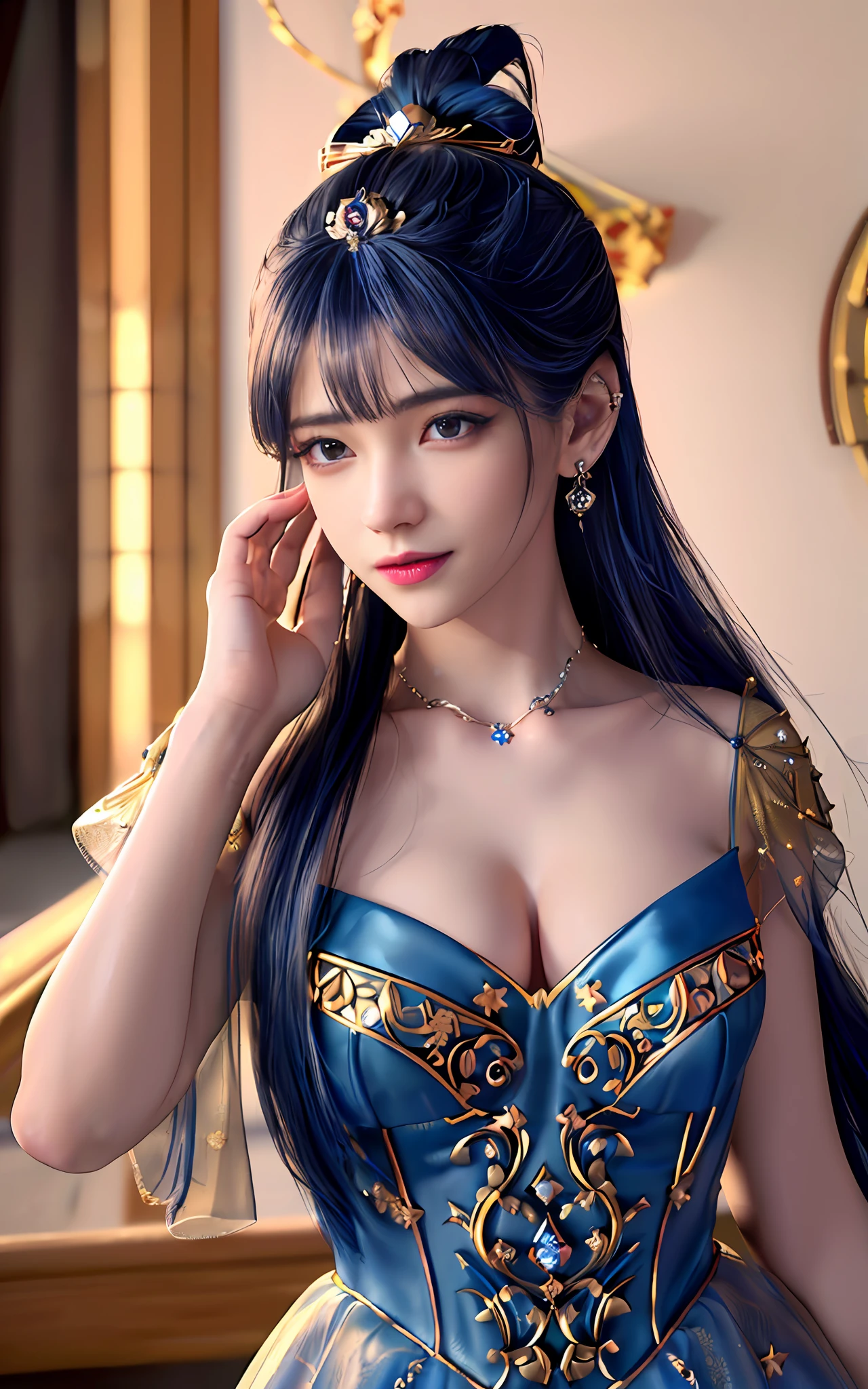 ((realisticity: 1.2)), ((best resolution: 8K UHD)), best quality,masterpiece,highres,cg,
((1 super detailed and super realistic girl)), ((very beautiful queen dazzling, super realistic, and super detailed)), long hair, ((super realistic and super detailed dress)), solo, ((super realistic, super beautiful, gorgeous and super detailed jewelry)), ((super beautiful, super realistic and super detailed dark blue and golden yellow dress)),
((super beautiful, super realistic, super detailed diamond filled earrings)),
  ((super beautiful, super realistic and super detailed diamond filled hair ornament)), ((super beautiful upper body, super beautiful, super realistic and super detailed)), ((super grand, super realistic and super detailed royal palace backgroun))
((super beautiful, super beautiful, super realistic and super detailed hair bun)), ((super beautiful, super realistic and super detailed blue hair)),
candid, Photograph, high resolution, 8k,Bokeh,