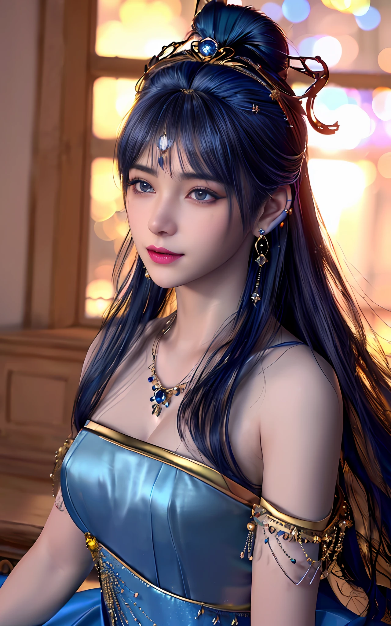 ((realisticity: 1.2)), ((best resolution: 8K UHD)), best quality,masterpiece,highres,cg,
((1 super detailed and super realistic girl)), ((very beautiful queen dazzling, super realistic, and super detailed)), long hair, ((super realistic and super detailed dress)), solo, ((super realistic, super beautiful, gorgeous and super detailed jewelry)), ((super beautiful, super realistic and super detailed dark blue and golden yellow dress)),
((super beautiful, super realistic, super detailed diamond filled earrings)),
((super beautiful, super realistic and super detailed diamond filled hair ornament)), ((super beautiful upper body, super beautiful, super realistic and super detailed)), ((super grand, super realistic and super detailed royal palace backgroun))
((super beautiful, super beautiful, super realistic and super detailed hair bun)), ((super beautiful, super realistic and super detailed blue hair)),
candid, Photograph, high resolution, 8k,Bokeh,
