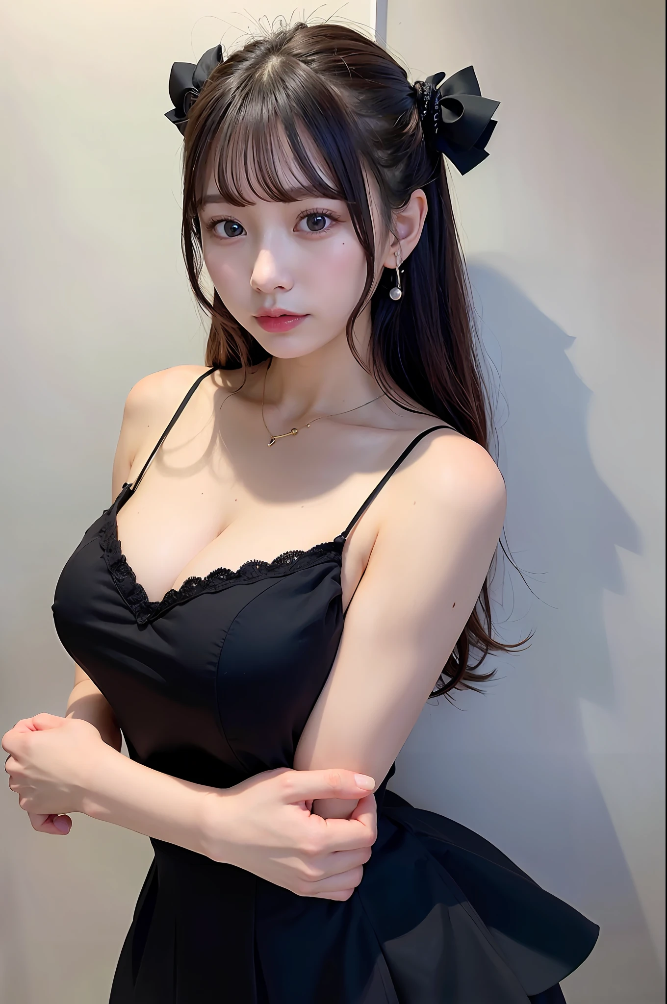 ((top-quality、8k、32k、masuter piece))、face perfect、perfect hand、perfect bodies、top-quality、hight resolution、1 girl in、(((Black puff_dress)))、((huge tit))、valley、(The collarbone is visible)、from waist up、tiarra、Delicate earrings、Korean Makeup、Korean Women、A dark-haired、Cinematographic lighting、dynamic ungle、headw:1.3、