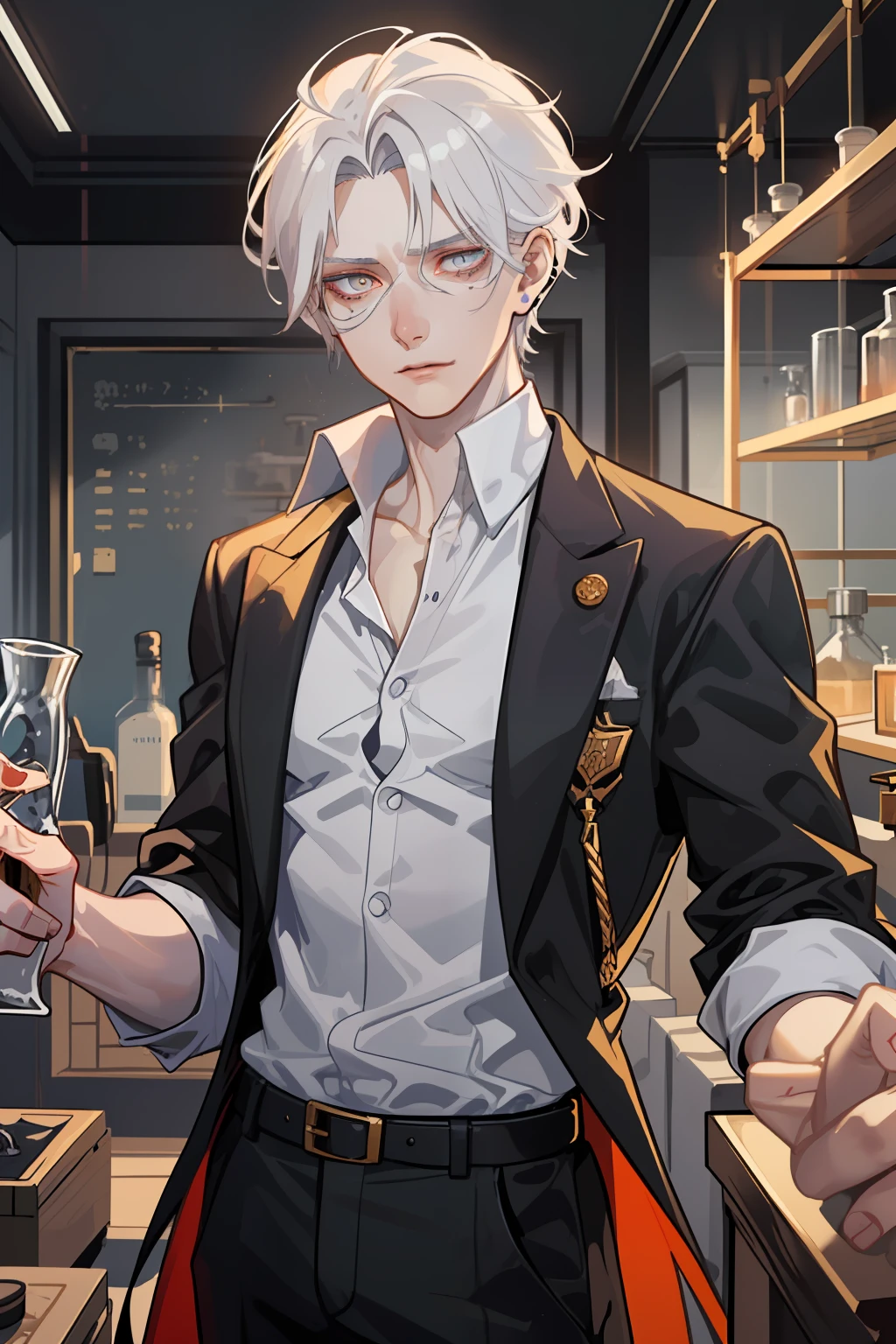 Young guy, Thin body, scientist. white colored hair, Average length, tousled hair. Amber-colored eyes. The golden glow of the eyes. pale skin, Skin like a dead man's. sharp facial features, Without bristles. pronounced cheekbones. Conducts experiments in the laboratory. Dark fentezi. Detailed background, Detailed image, Detail Eyes. Crazy look. mockery. Frankenstein.