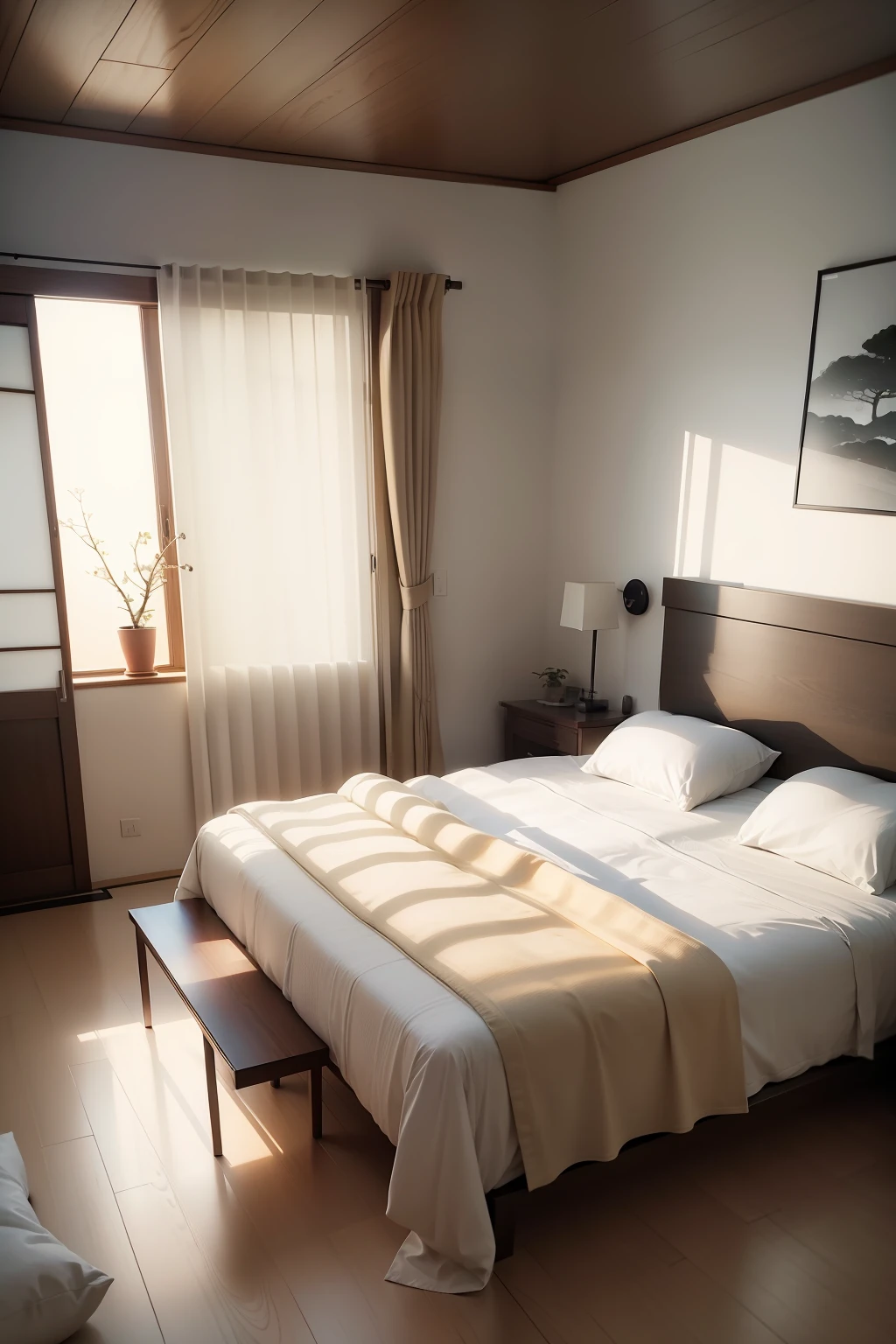 quarto estilo japones, There is a bed with a white duvet and a chair in one bedroom, luz natural no quarto, ambiente sereno do quarto, award winning render, detalhes em madeira, quarto de cama japones, interior do quarto, bright render, quarto, Archviz, high-quality render, Stunning rendering plants, luz natural, minimalista e bonito, Rendering Vray 8K Japanese room