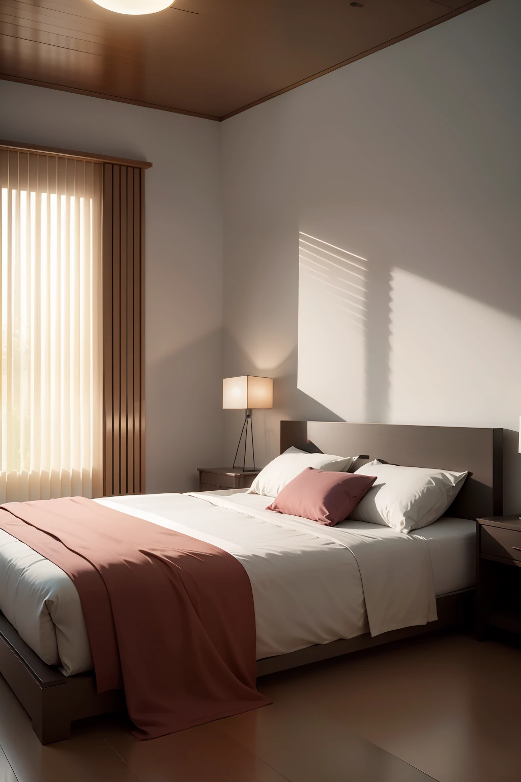 quarto estilo japones, There is a bed with a white duvet and a chair in one bedroom, luz natural no quarto, ambiente sereno do quarto, award winning render, detalhes em madeira, quarto de cama japones, interior do quarto, bright render, quarto, Archviz, high-quality render, Stunning rendering plants, luz natural, minimalista e bonito, Rendering Vray 8K Japanese room