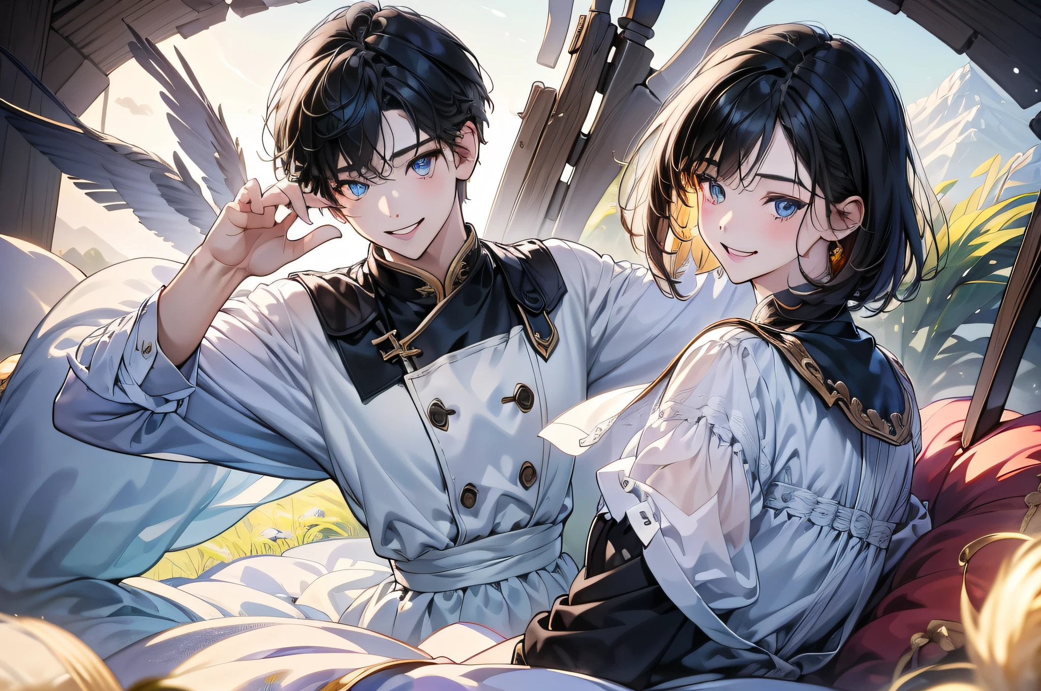 in 8K、top-quality、masterpiece:1.2)、1人の女性、(Smiling smile:1.1)、beautidful eyes、Valley、The upper part of the body、length hair、Like a boy、poneyTail、Blue View、