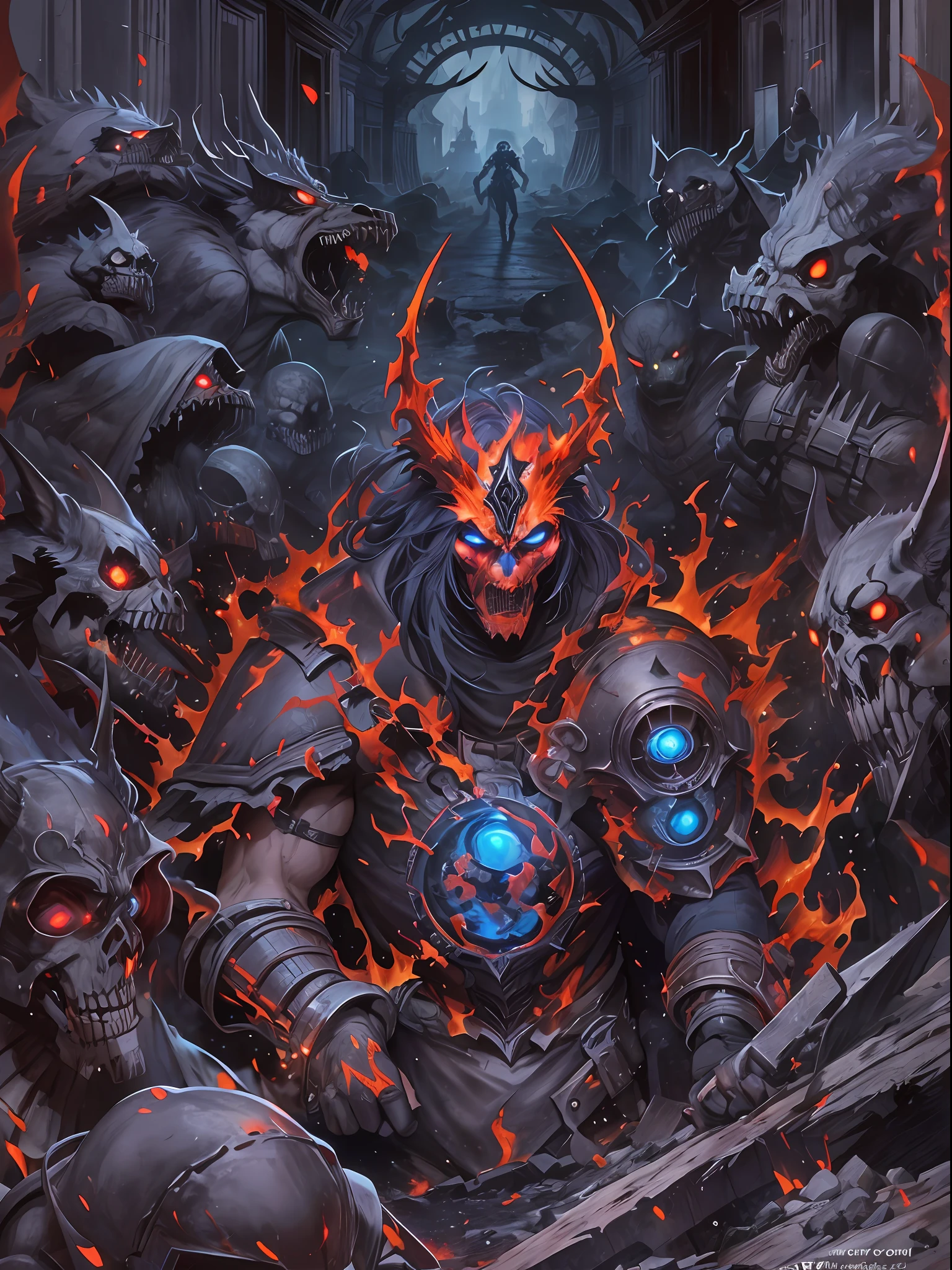 Hombre grande,marcas y simbolos por el cuerpo,pelo largo y lanco,capucha roja,Espada gigante de almas en pena,oscuro,almas,guantes demoniacos,armadura masiba,armadura de almas en pena,demonio, Fuego, caballo infernal de fuego y lava,ojos rojos,ojos azules brillante, infierno, apocalyptic,fin del mundo, Lado oscuro,ruina, guerra, Darksiders , ERA (Darksiders), obra dearte,guerrero,enviado del infierno,Horseman of the Apocalypse,muerte,sangre,destruccion,hambre,lucha,furia,ciudad debastada,edificios en ruinas,calles destruidas,pobo y particulas en el aire