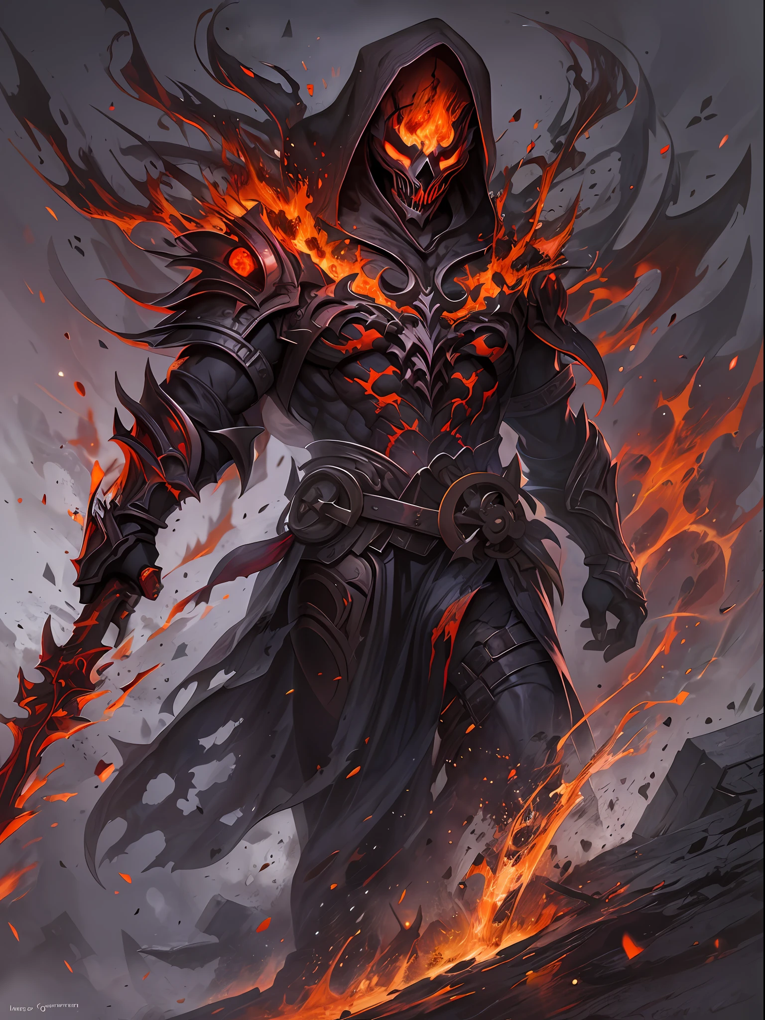 Hombre grande,marcas y simbolos por el cuerpo,pelo largo y  lanco,capucha roja,Espada gigante de almas en pena,oscuro,almas,guantes demoniacos,armadura masiba,armadura de almas en pena,demonio, Fuego, caballo infernal de fuego y lava,ojos rojos,ojos azules brillante, infierno, apocalyptic,fin del mundo, Lado oscuro,ruina, guerra, Darksiders , ERA (Darksiders), obra dearte,guerrero,enviado del infierno,Horseman of the Apocalypse,muerte,sangre,destruccion,hambre,lucha,furia,ciudad debastada,edificios en ruinas,calles destruidas,pobo y particulas en el aire