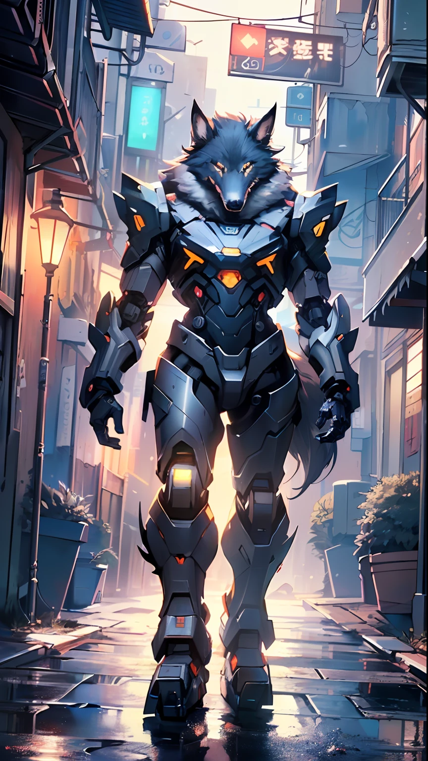 (((A mechanical wolf,cyborg wolf,cyborg-wolf,animal,Mech4nim4lAI [lobo :robot:.5]))) ,

(dynamic pose:1.0),solo focus,centered,scale to fit dimensions,Rule of thirds,

outdoors,((night view)),(cyberpunk night street Background: 1.5,dark sky,alleyway,lonely alley,thick clouds,detailed background:1.25),

(best quality),(high resolution),(sharp focus),(ultra detailed),(extremely detailed),(extremely high quality artwork),8k_wallpaper,(extremely detailed CG 8k),(very fine 8K CG),((hyper super ultra detailed perfect piece)),flawless,(((masterpiece))),illustration,vibrant colors,(intricate),High contrast,Selective lighting,Double exposure,HDR (High Dynamic Range),Post-processing,Background blur,