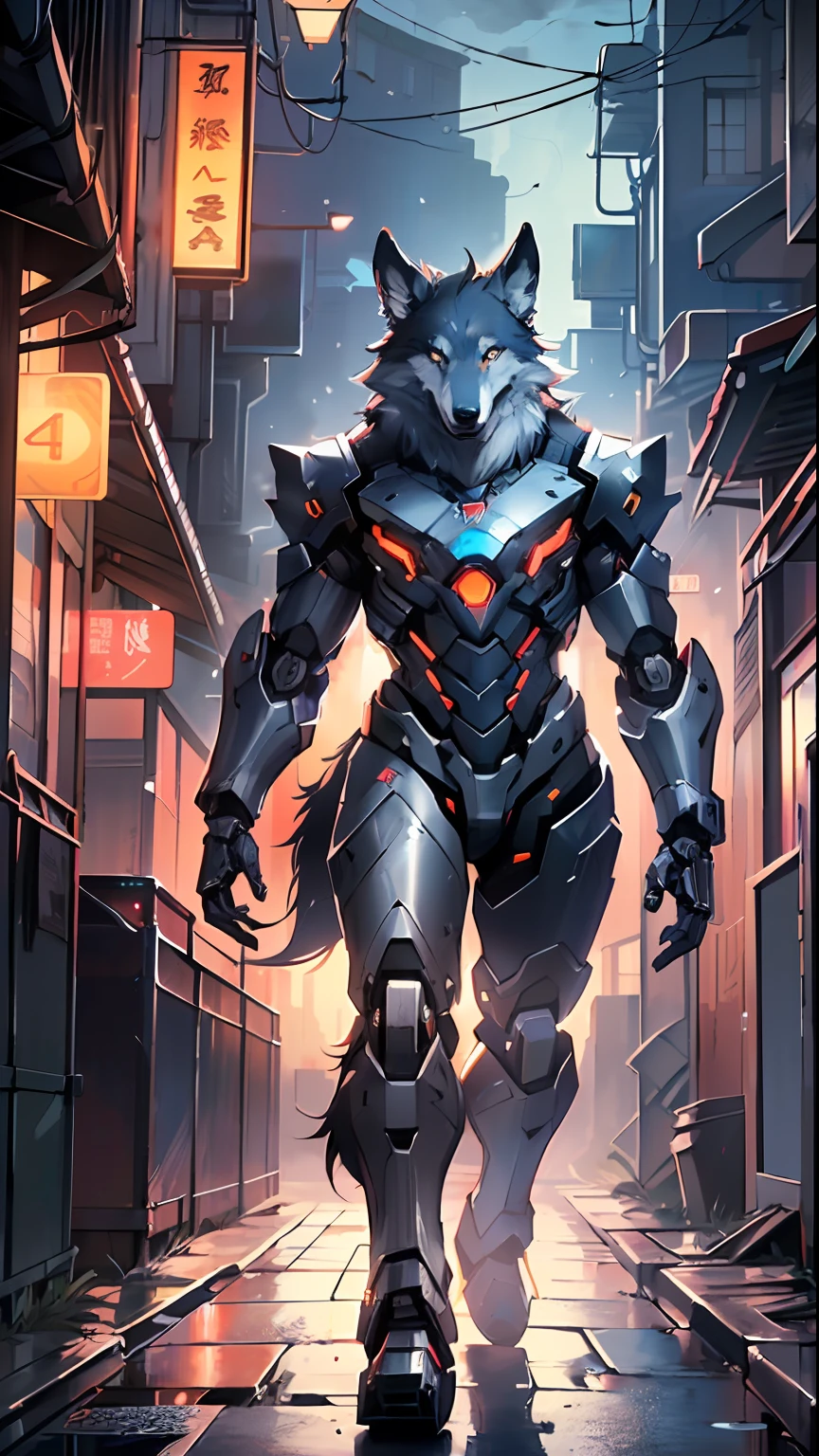 (((A mechanical wolf,cyborg wolf,cyborg-wolf,animal,Mech4nim4lAI [lobo :robot:.5]))) ,

(dynamic pose:1.0),solo focus,centered,scale to fit dimensions,Rule of thirds,

outdoors,((night view)),(cyberpunk night street Background: 1.5,dark sky,alleyway,lonely alley,thick clouds,detailed background:1.25),

(best quality),(high resolution),(sharp focus),(ultra detailed),(extremely detailed),(extremely high quality artwork),8k_wallpaper,(extremely detailed CG 8k),(very fine 8K CG),((hyper super ultra detailed perfect piece)),flawless,(((masterpiece))),illustration,vibrant colors,(intricate),High contrast,Selective lighting,Double exposure,HDR (High Dynamic Range),Post-processing,Background blur,