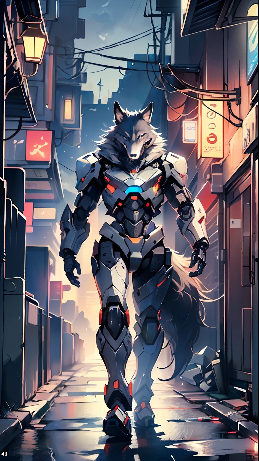 (((A mechanical wolf,cyborg wolf,cyborg-wolf,animal,Mech4nim4lAI [lobo :robot:.5]))) ,

(dynamic pose:1.0),solo focus,centered,scale to fit dimensions,Rule of thirds,

outdoors,((night view)),(cyberpunk night street Background: 1.5,dark sky,alleyway,lonely alley,thick clouds,detailed background:1.25),

(best quality),(high resolution),(sharp focus),(ultra detailed),(extremely detailed),(extremely high quality artwork),8k_wallpaper,(extremely detailed CG 8k),(very fine 8K CG),((hyper super ultra detailed perfect piece)),flawless,(((masterpiece))),illustration,vibrant colors,(intricate),High contrast,Selective lighting,Double exposure,HDR (High Dynamic Range),Post-processing,Background blur,