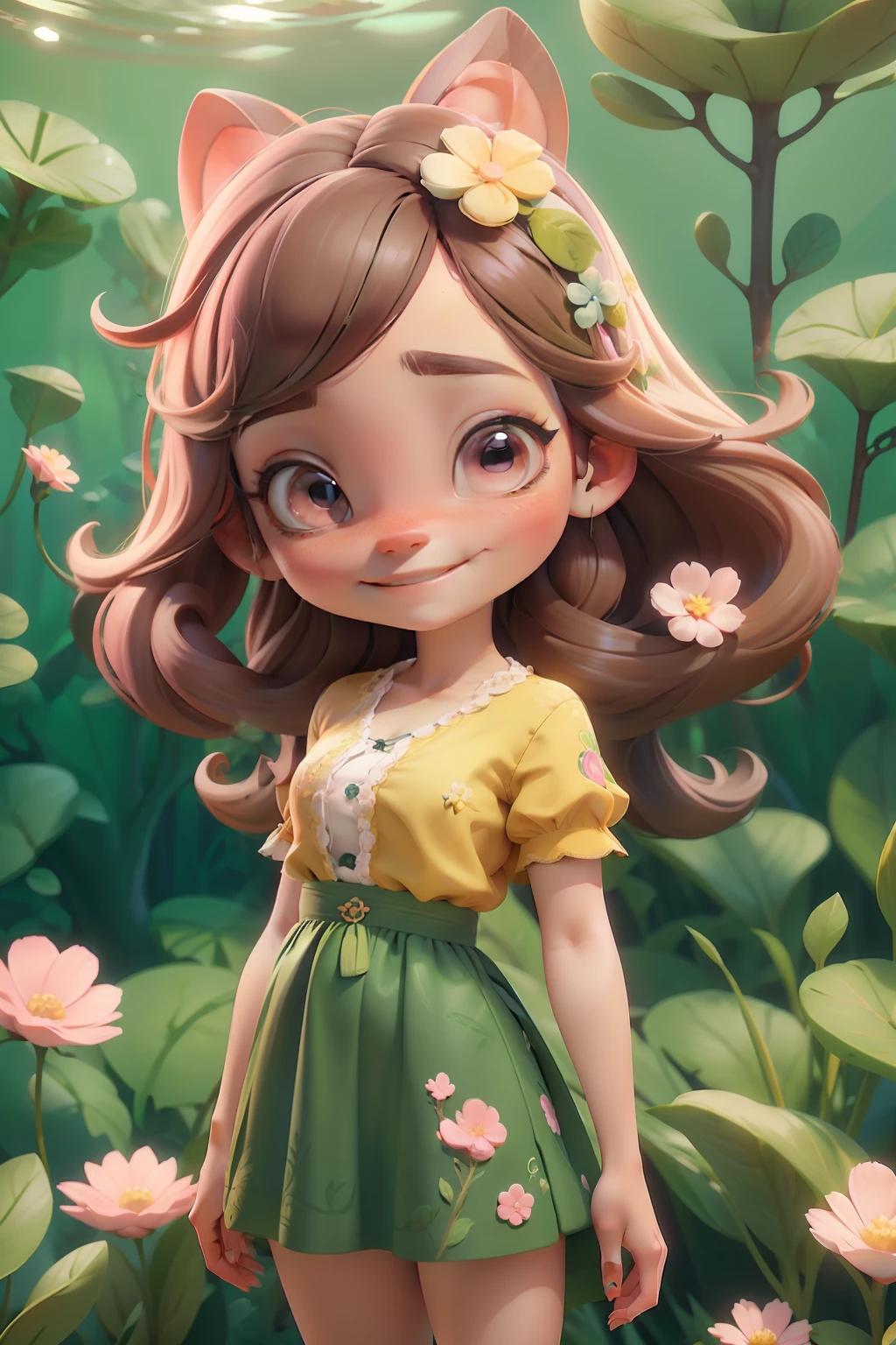 Avatar menina,sorriso meigo e delicado,vestida com uma jardineira, corpo inteiro,pele clara e olhos verdes,cartoon 3D com blusa delicada,, casaco peludinha, cabelos amarelo e rosa,Field full of trees and flowers, underwater bubbles,