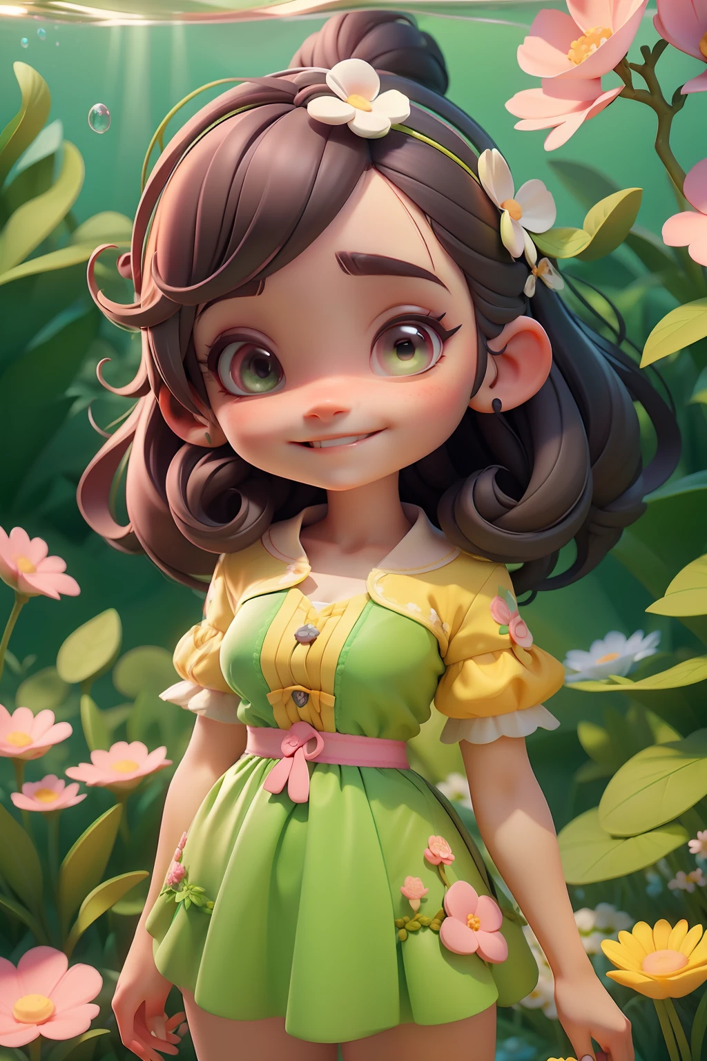 Avatar ,sorriso meigo e delicado,vestida com uma jardineira, corpo inteiro,pele clara e olhos verdes,cartoon 3D com blusa delicada,, casaco peludinha, cabelos amarelo e rosa,Field full of trees and flowers, underwater bubbles,