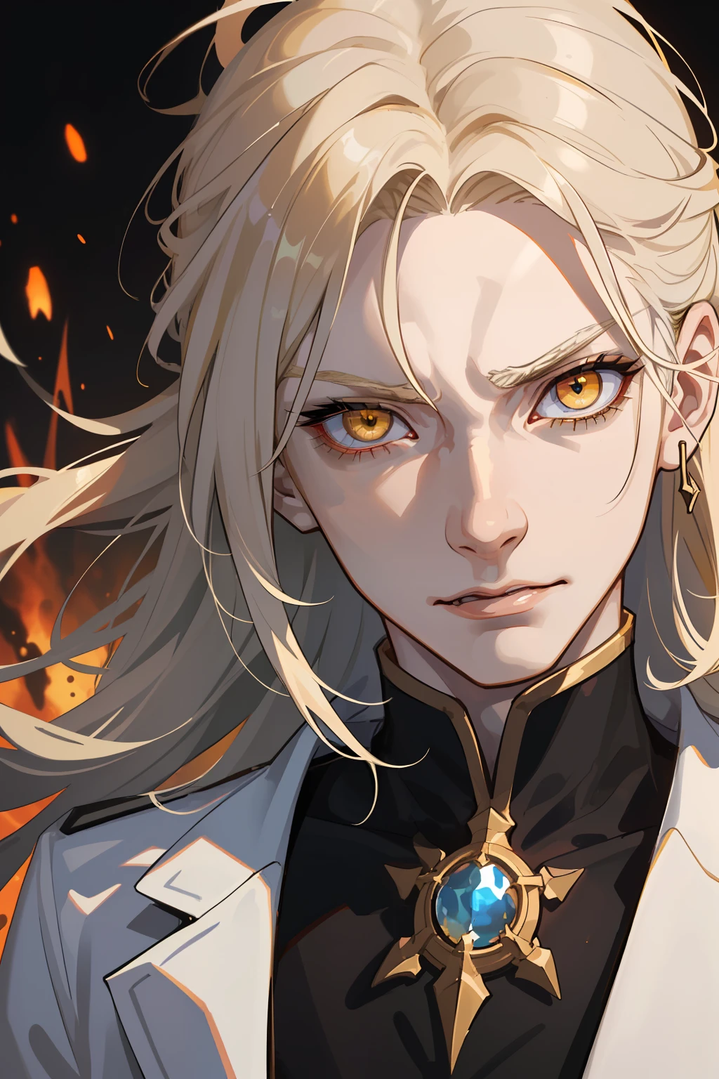Young guy, Thin body, scientist. white colored hair, Average length, tousled hair. Amber-colored eyes. The golden glow of the eyes. pale skin, Skin like a dead man's. sharp facial features, Without bristles. pronounced cheekbones. Conducts experiments in the laboratory. Dark fentezi. Detailed background, Detailed image, Detail Eyes. Crazy look. mockery. Yellow eyes. Evil Look. explosion.