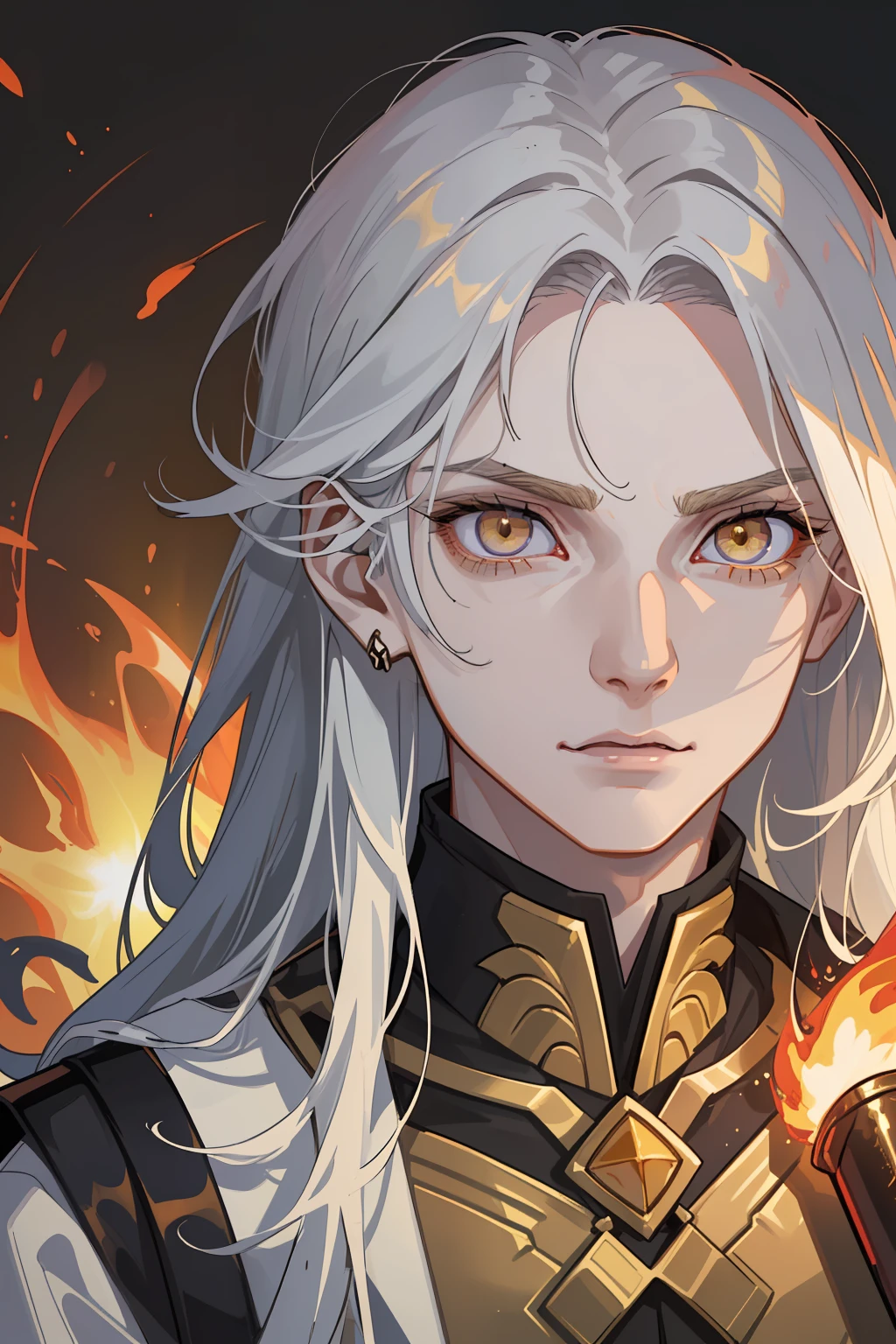 Young guy, Thin body, scientist. white colored hair, Average length, tousled hair. Amber-colored eyes. The golden glow of the eyes. pale skin, Skin like a dead man's. sharp facial features, Without bristles. pronounced cheekbones. Conducts experiments in the laboratory. Dark fentezi. Detailed background, Detailed image, Detail Eyes. Crazy look. mockery. Yellow eyes. Evil Look. explosion.