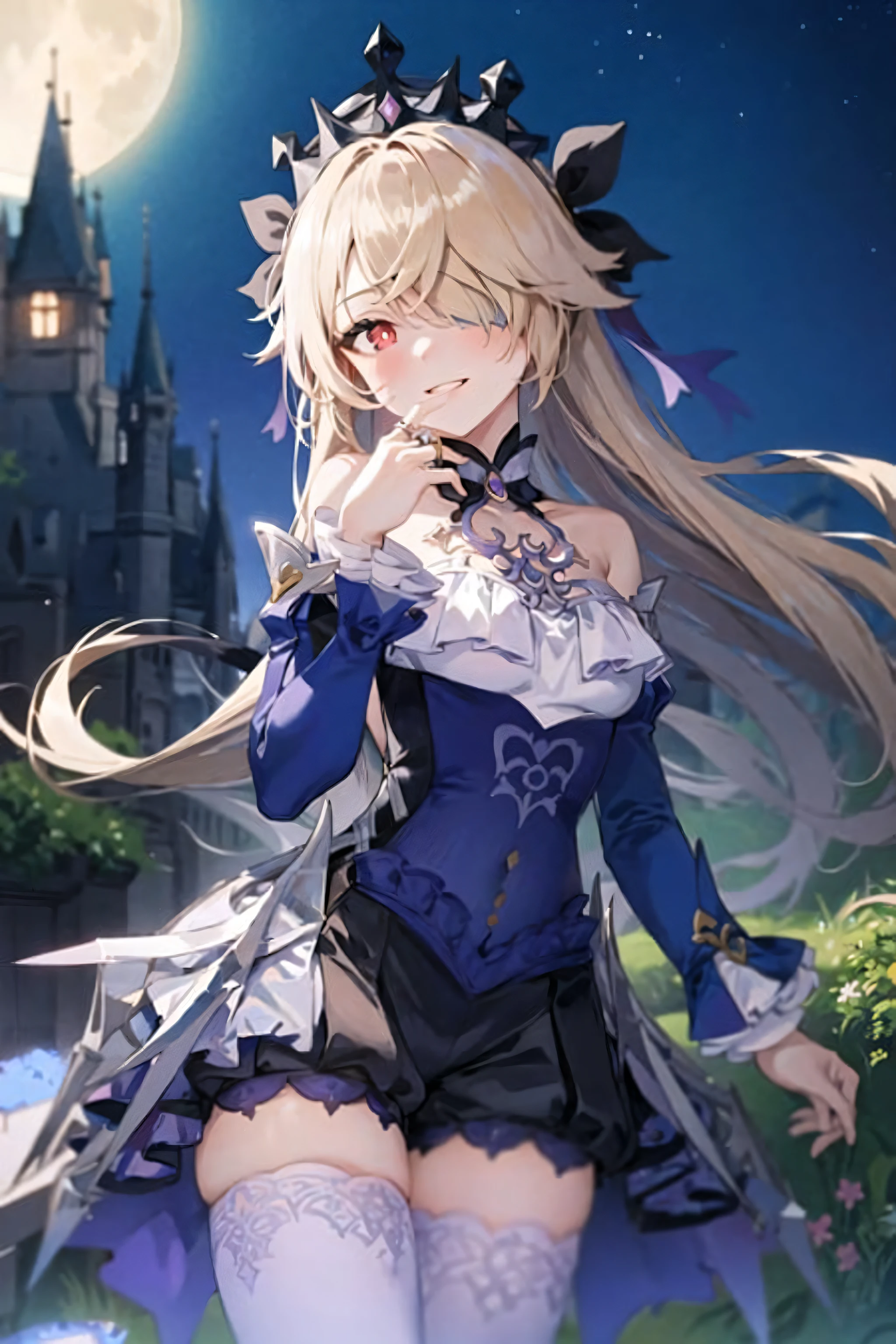 (Realistic painting style:1.1), masterpiece, best quality, absurdres, fischl (ein immernachtstraum) (genshin impact), red eyes, (white pupils:1.2), alternate eye color, fischl (genshin impact), detached collar, detached sleeves, official alternate costume, 1girl, solo, blonde hair, hair over one eye, tiara, dress, smile, long hair, thighhighs, bare shoulders, white thighhighs, long sleeves, looking at viewer, frills, ring, parted lips, purple dress, puffy sleeves, pantyhose, bangs, white pantyhose, single leg pantyhose, blush, juliet sleeves, breasts, hand up, ribbon, frilled sleeves, single thighhigh, jewelry night, outdoor, castle, moon, (large breasts:0.9)