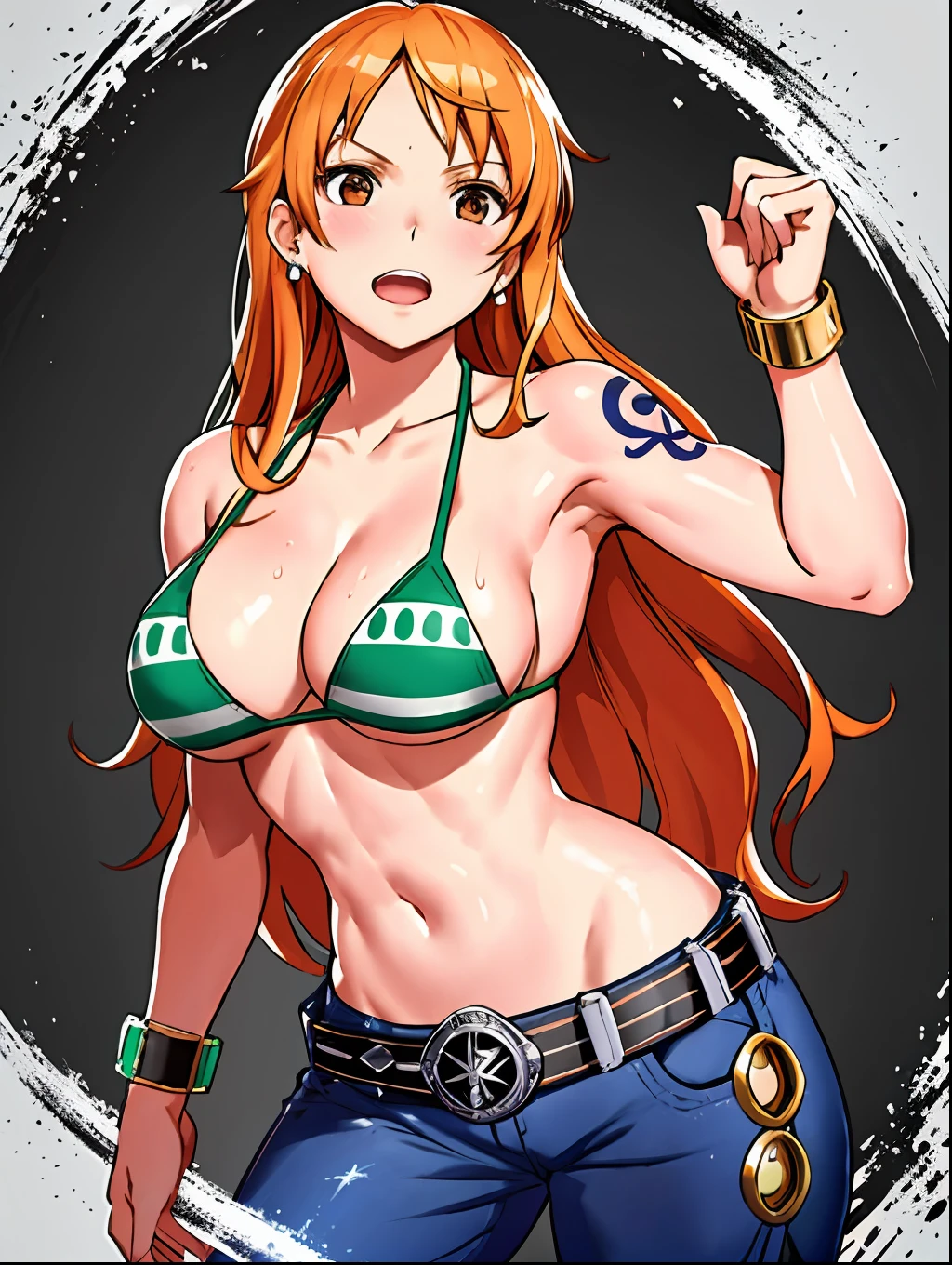 WALLPAPER, detailed background, wrestling stage, wrestling match, ((((leaning on turnbuckle: 1.9, armpits: 1.1, victory pose: 1.8))), masterpiece, 4k, (wwe:1.1), turnbuckle, (((wrestling ring cables behind))), wrestling robes, epic, best quality, late youth, adult, wrestler body, strong, 1girl, active, energic, (large mouth) , solo, nami \(one piece\), 1girl, bangle, (open mouth, exhausted, shouting, sweaty face, leaning, serious, glaring, open eyes, perfect detailed face, round face, sweat on face) bold drawing lines, muscular arms, detailed bold arm lines, flat jaw, adult woman, wavy wide streaked bangs, floating bang, (big cheeks), bare shoulders, belt, bikini, bikini top only, bracelet, springy breasts, breast lines, big round eyes, very big brown shiny eyes, high eye position, cleavage, denim, earrings, floating hair, shiny hair, green belt, green bikini, bold groin lines, jeans, jewelry, medium breasts, log pose, long hair, looking at viewer, big navel, wet hair, orange hair, pants, shoulder tattoo, sidelocks, solo, standing, stomach, swimsuit, tattoo, looking at viewer, open mouth, detailed left arm, big forehead, hourglass figure, small head, toned body, wide hair, wind effect, narrow small ears angle, older, (((midsection shot only))),