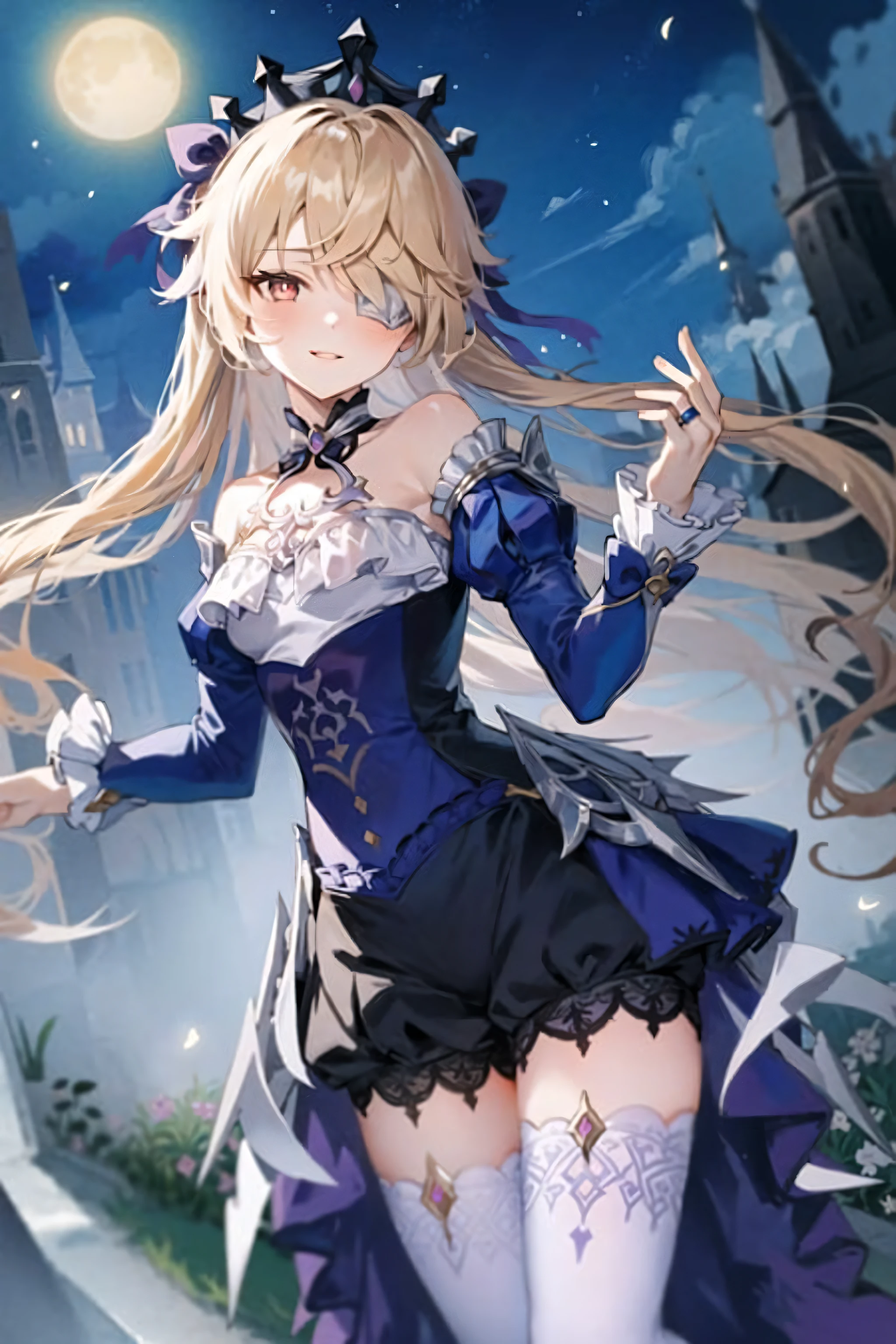 (Realistic painting style:1.1), masterpiece, best quality, absurdres, fischl (ein immernachtstraum) (genshin impact), red eyes, (white pupils:1.2), alternate eye color, fischl (genshin impact), detached collar, detached sleeves, official alternate costume, 1girl, solo, blonde hair, hair over one eye, tiara, dress, smile, long hair, thighhighs, bare shoulders, white thighhighs, long sleeves, looking at viewer, frills, ring, parted lips, purple dress, puffy sleeves, pantyhose, bangs, white pantyhose, single leg pantyhose, blush, juliet sleeves, breasts, hand up, ribbon, frilled sleeves, single thighhigh, jewelry night, outdoor, castle, moon