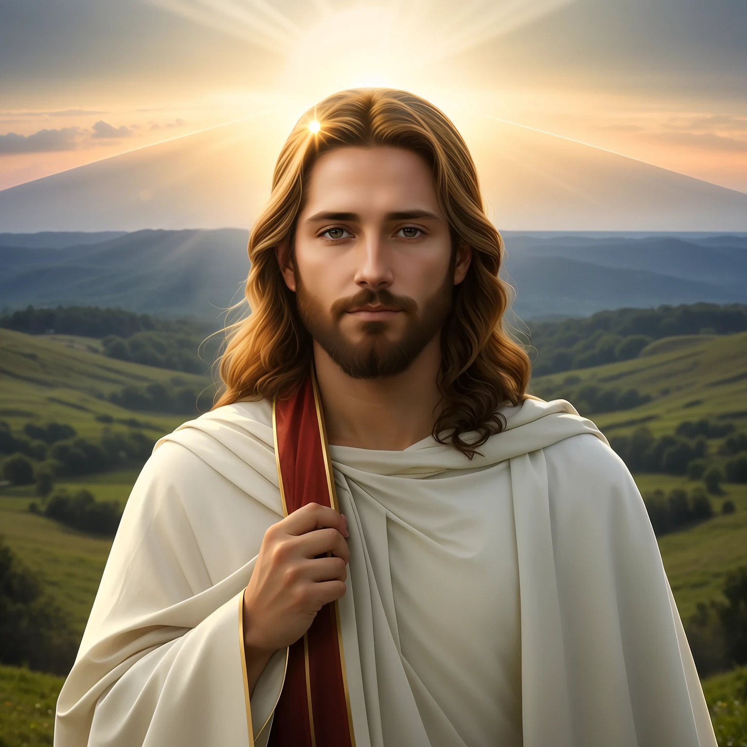 A majestic portrait of Jesus Christ, illuminated by a brilliant sunset, with a halo of light around his head.