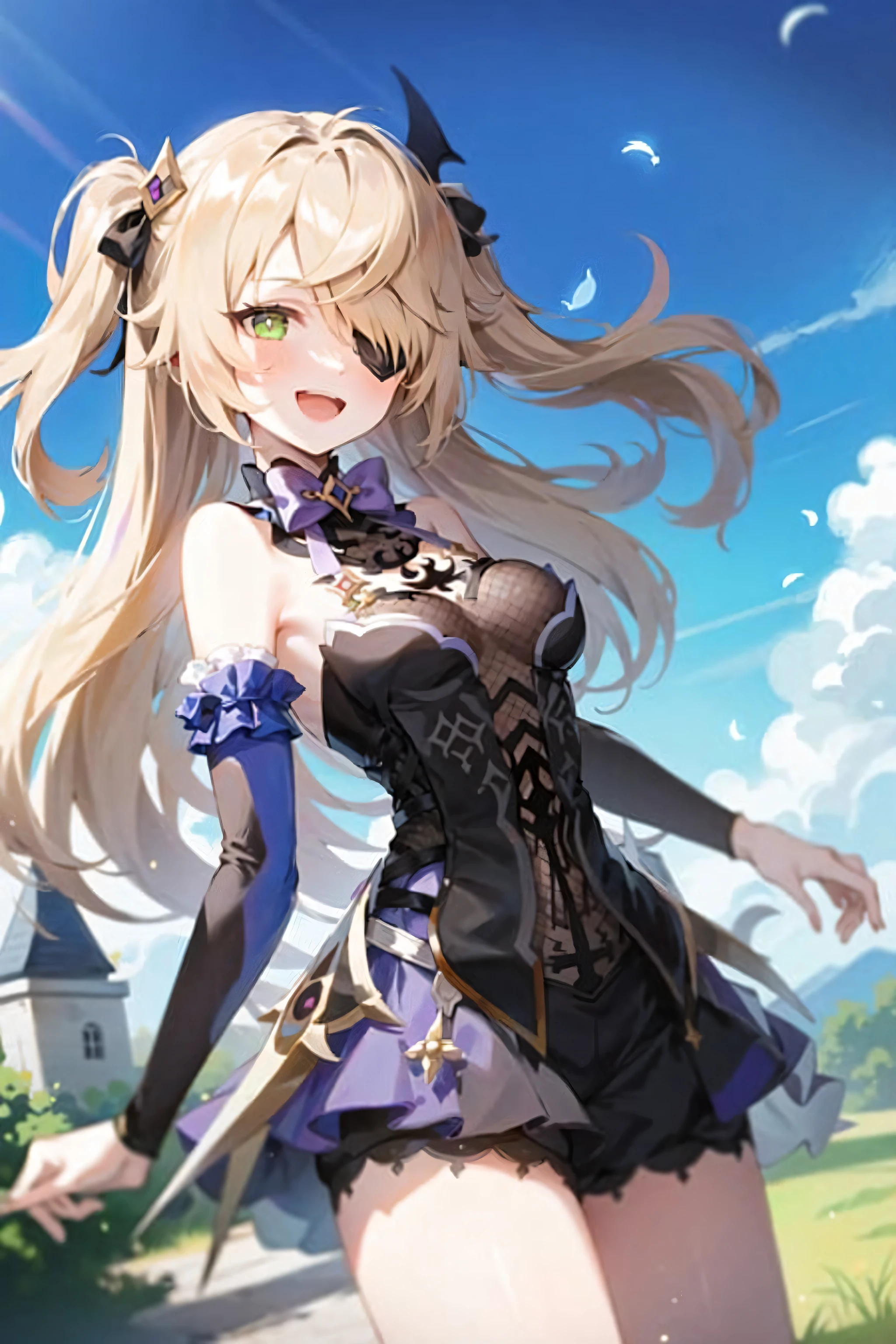 (Realistic painting style:1.1), masterpiece, best quality, absurdres, fischl (dunkelnacht sakrament) (genshin impact), green eyes, (white pupils:1.1), fischl (genshin impact), asymmetrical sleeves, detached collar, detached sleeves, 1girl, solo, breasts, two side up, eyepatch, single gloves, blonde hair, long hair, smile, looking at viewer, open mouth, bare shoulders, bow, blush, hair over one eye, dress, medium breasts, :d, bowtie, purple bow, feathers, bangs, black gloves, hair ribbon, black dress, ribbon, purple bowtie, elbow gloves, bodystocking, fishnets, cowboy shot, outdoors, teeth, castle, sky