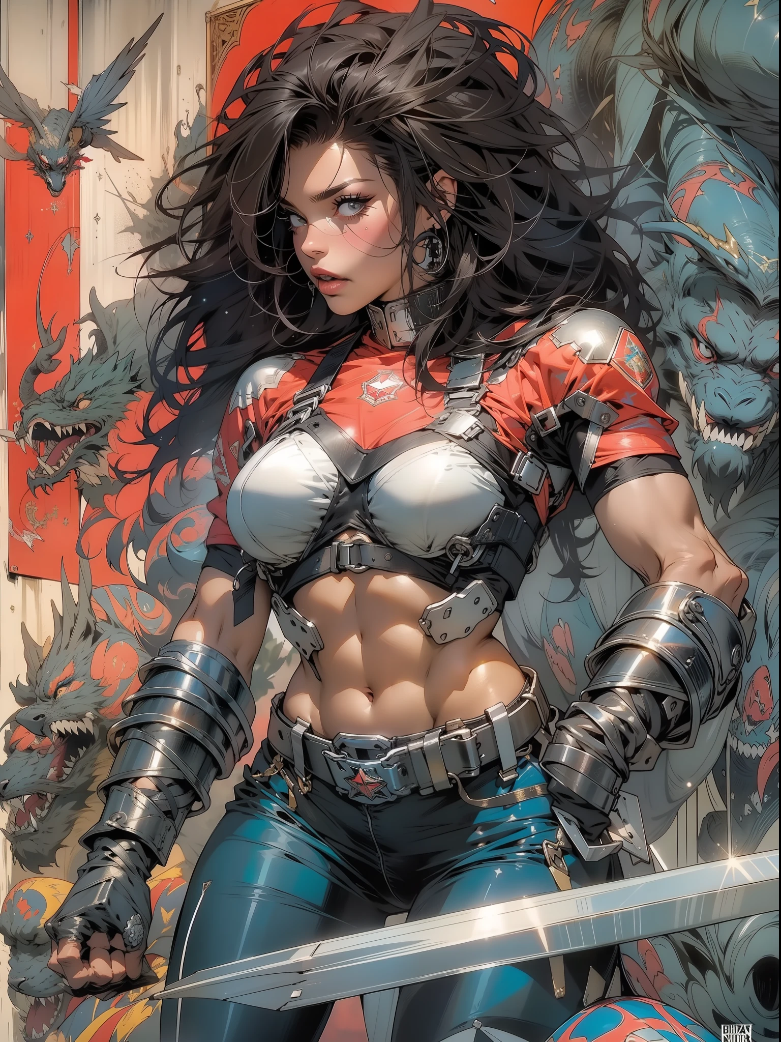 (((mulher))), (((melhor qualidade))), (((obra prima))), (((adulta))), Uma guerreira mulher de 35 anos com corpo perfeito, Brooklyn Gladiators, hand with steel gloves and metal tips, (( under boobs )), quase nua no estilo selvagem urbano de Simon Bisley para a capa da revista Heavy Metal, cabelo loiro, Minimum clothing, armadura (azul escuro com estrelas brancas e vermelho com listras brancas), cheio de pontas e rebites manchadas de tinta, tatuagem de estrelas de 5 pontas, (((corpo inteiro))), cabelo preto curto com franja branca cobrindo a testa