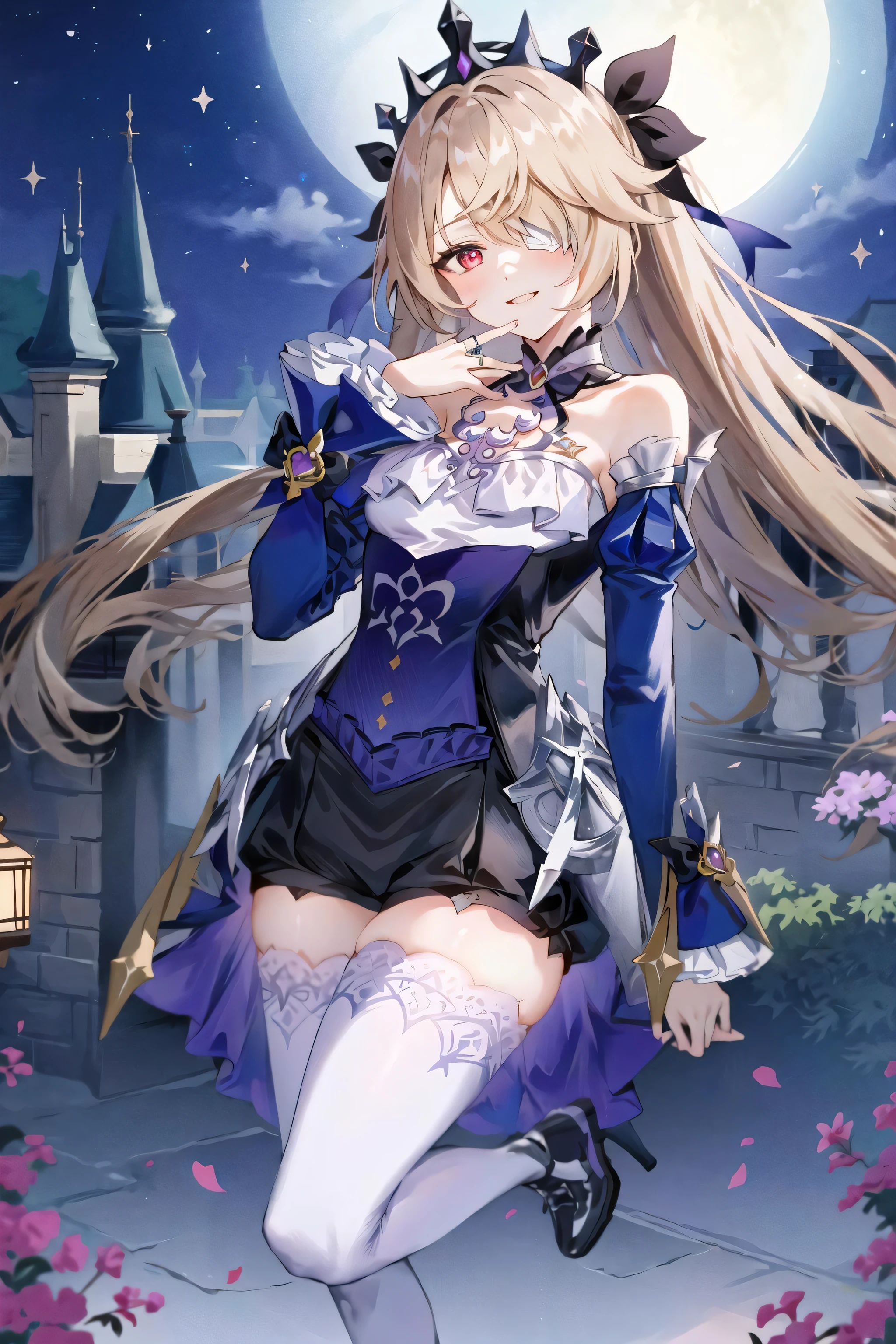 (Realistic painting style:1.1), masterpiece, best quality, absurdres, fischl (ein immernachtstraum) (genshin impact), red eyes, white pupils, alternate eye color, fischl (genshin impact), detached collar, detached sleeves, official alternate costume, 1girl, solo, blonde hair, hair over one eye, tiara, dress, smile, long hair, thighhighs, bare shoulders, white thighhighs, long sleeves, looking at viewer, frills, ring, parted lips, purple dress, puffy sleeves, pantyhose, bangs, white pantyhose, single leg pantyhose, blush, juliet sleeves, breasts, hand up, eyepatch, ribbon, frilled sleeves, single thighhigh, jewelry night, outdoor, castle, moon