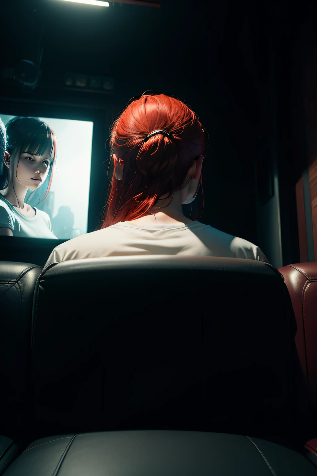 a big cinema, cinema with black couches, light from cinema screen, moody, dark, mysterious, realistic, 8k, award winning photo; pov on left there is a makima from chainsawman, white tshirt, red hair, close view