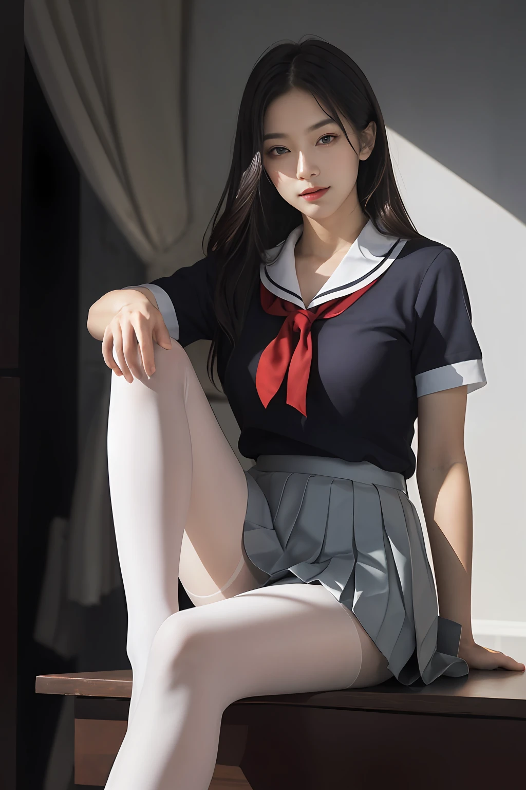 ultra realistic 8k cg, picture-perfect face, flawless, clean, masterpiece, professional artwork, famous artwork, perfect face, beautiful face, beautiful eyes, ((perfect female body)), solo,(immersive atmosphere, chiaroscuro:1.5,bright light:1.2,luminous lighting)
,,(blush:0.5),seductive expression,extremely detailed_eyes,thick thighs,large breasts,
beautifully detailed background,depth of field,realistic:1.3, long shot,1girl,shirt,pleated skirt, school uniform, sitting, full body,
(ambient light:1.3),(cinematic composition:1.3),(neon lights:0.1),(HDR:0.1),Accent Lighting, white pantyhose,