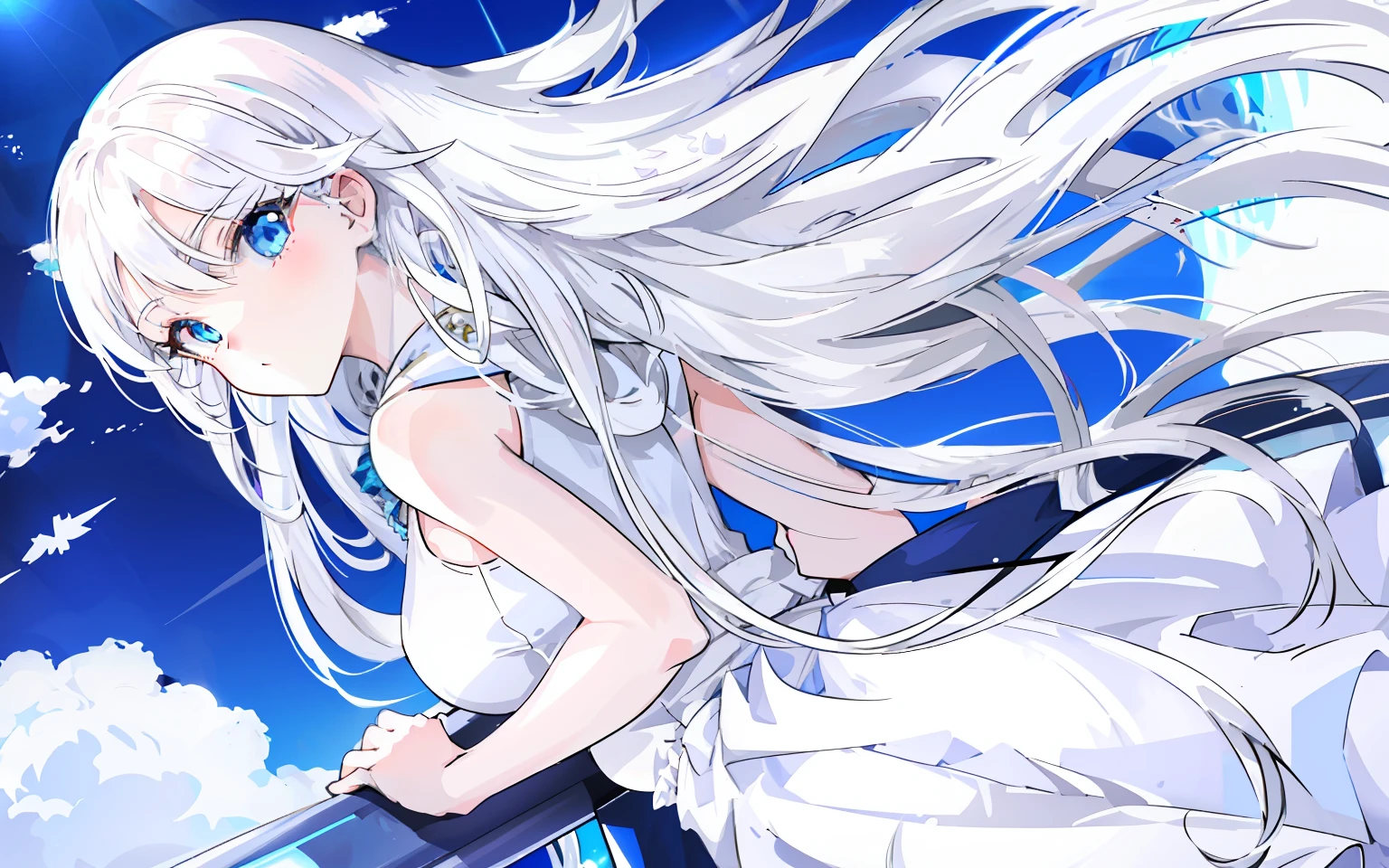 anime big breast, A girl with white hair and blue eyes flying in the sky, Flowing white hair, White long hair!!, White dress!! of silver hair, white hair floating in air, White-haired god, Perfect white haired girl, Girl with white hair, Anime girl with long hair, loli in dress,  Long white hair!!!